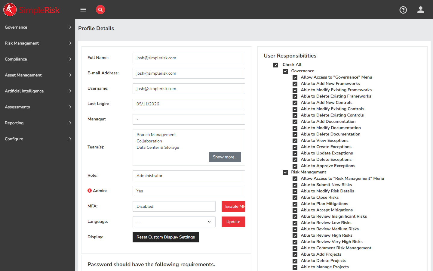 Profile page on /account/profile.php showing the read-only user information at the top, the Language dropdown, and the action buttons for Change Password, MFA, Reset Custom Display Settings, and API Key management