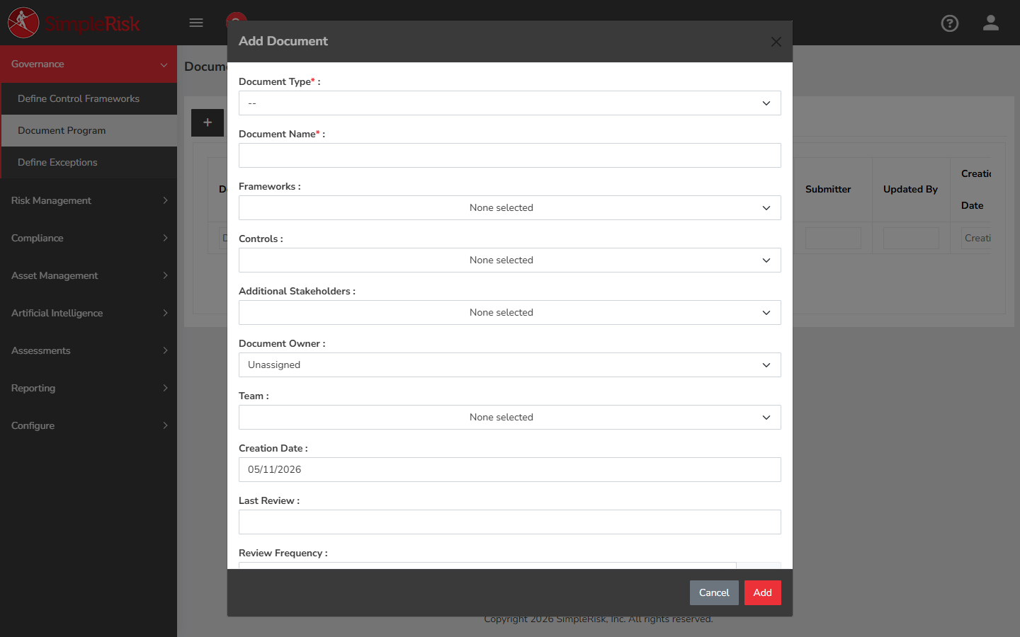 Add Document modal opened from the + icon on the Document Program page, showing Document Type, Document Name, Frameworks, Controls, Additional Stakeholders, Document Owner, Team, Creation Date, Last Review, and Review Frequency fields with Cancel and Add buttons at the bottom