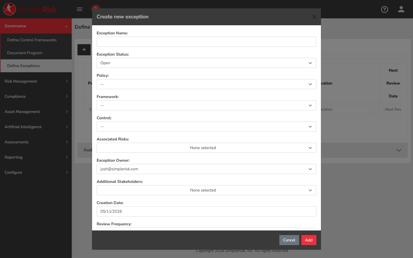 Add Exception form showing the Exception Type dropdown, Exception Name, Policy Name picker, Exception Owner, Approver, Description and Justification textareas, Review Frequency, Next Review Date, and Additional Stakeholders fields populated with example values