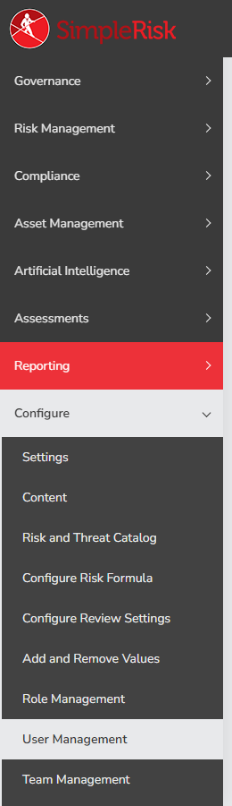 The Configure menu in the sidebar with User Management, Team Management, and Role Management visible as sub-items, with User Management highlighted