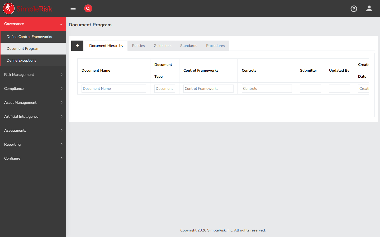 Document Program page on /governance/documentation.php with the five tabs (Document Hierarchy, Policies, Guidelines, Standards, Procedures) visible across the top and the Document Hierarchy tab active