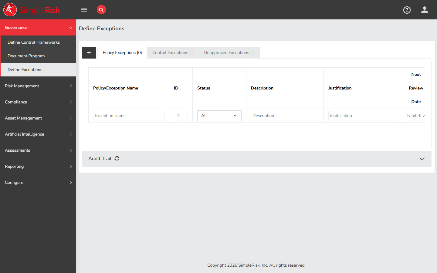 Document Exceptions page with the three tabs (Policy Exceptions, Control Exceptions, Unapproved Exceptions) visible across the top and the Unapproved Exceptions tab active showing a list of exceptions awaiting approval
