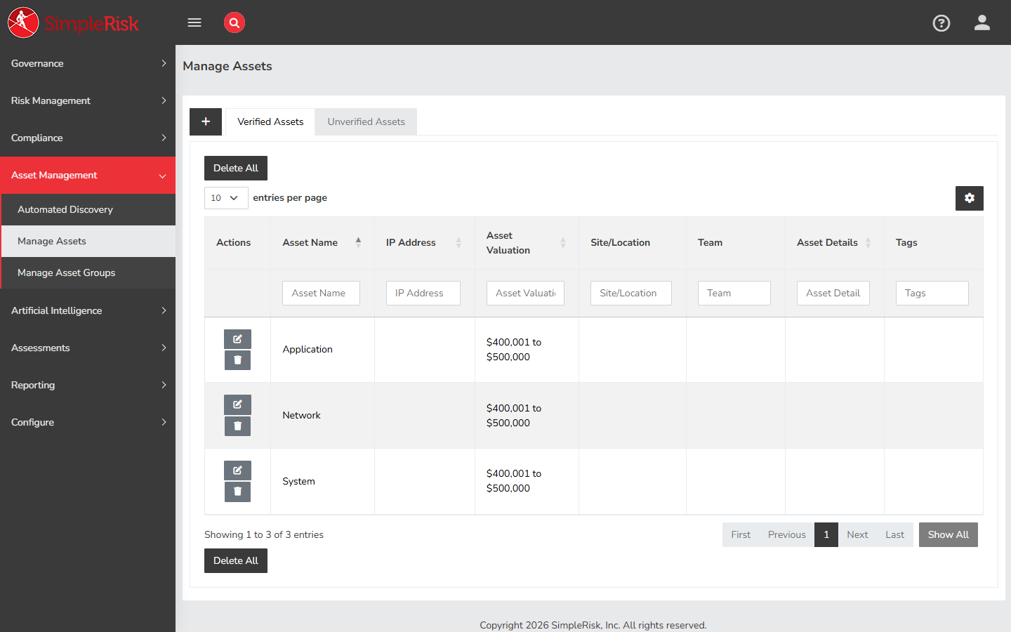 Manage Assets page on /assets/manage_assets.php with the Verified Assets and Unverified Assets tabs visible across the top, the Verified Assets tab active, and a list of asset rows showing Asset Name, IP Address, Asset Valuation, Site/Location, and Team columns