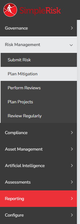 Sidebar with Risk Management expanded and Plan Mitigation highlighted as a sub-item