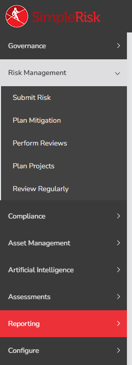 Sidebar with Risk Management expanded, showing the Perform Reviews and Review Regularly entries highlighted as separate menu items