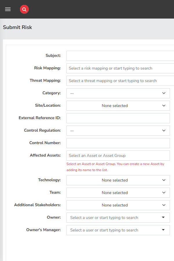 Left column of the Submit Risk form showing Category, Site/Location, External Reference ID, Control Regulation, Control Number, Affected Assets (with the asset selectize widget), Technology, Team, Additional Stakeholders, Owner, and Owner's Manager fields stacked vertically