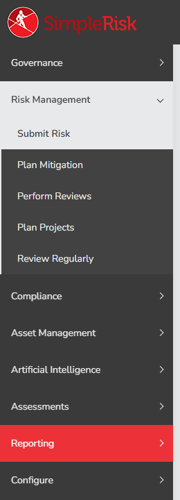 Sidebar with Risk Management expanded and Submit Risk highlighted as the first sub-item under it