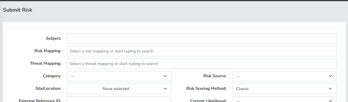 Top of the Submit Risk form showing the Subject field with a specific scenario typed in, with the Risk Mapping and Threat Mapping selectize widgets visible underneath