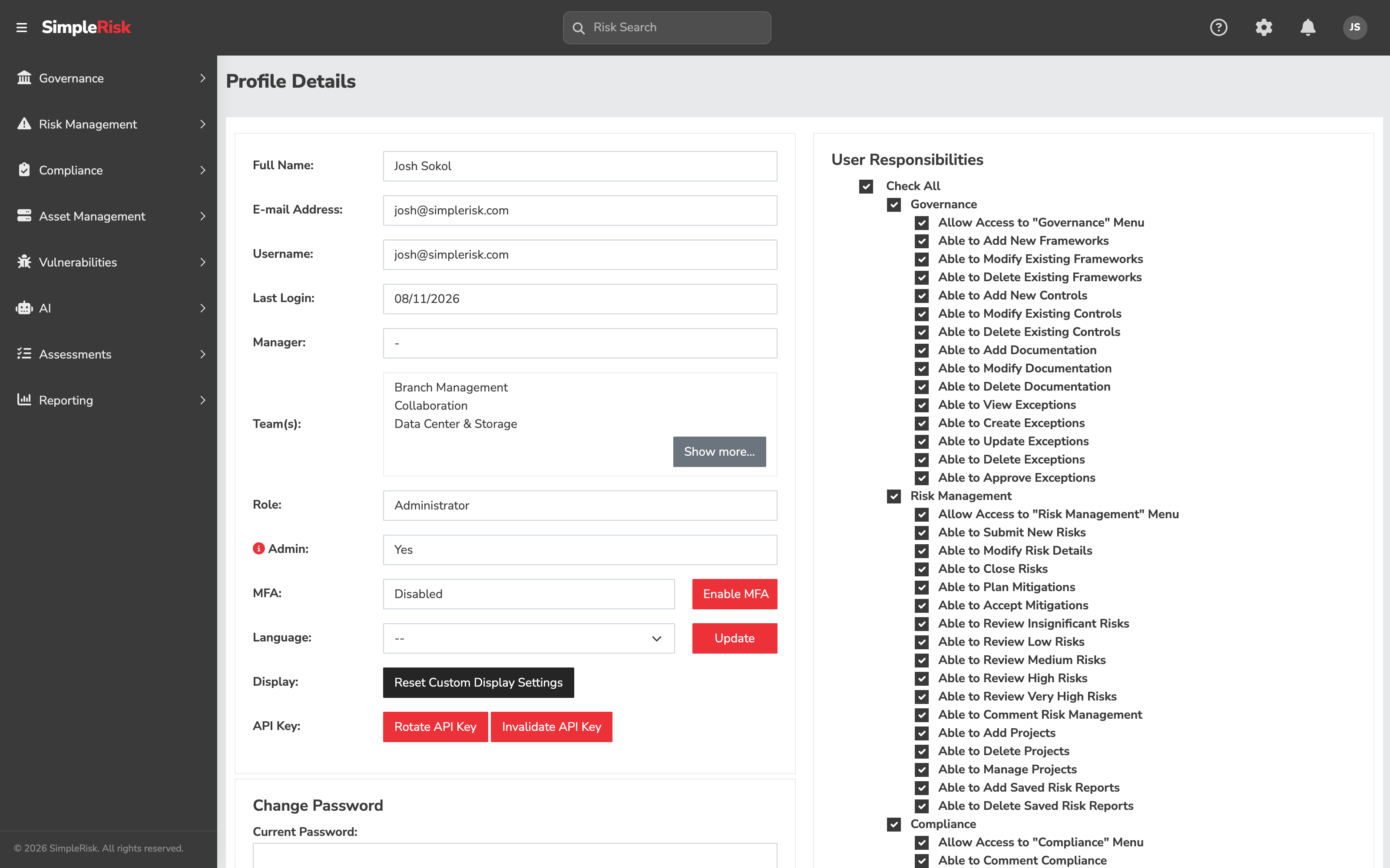 Profile page on /account/profile.php showing the read-only user information at the top, the Language dropdown, and the action buttons for Change Password, MFA, Reset Custom Display Settings, and API Key management
