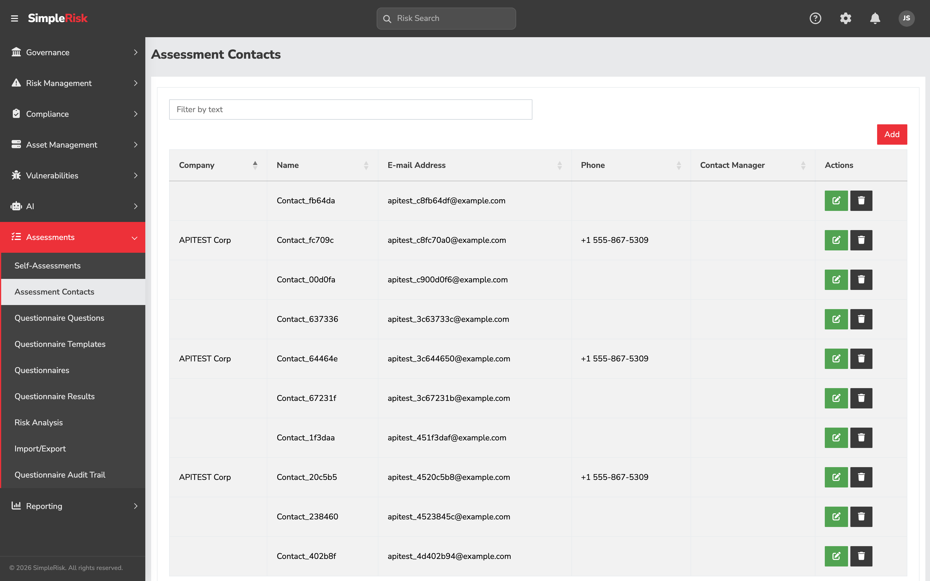 Add a New Assessment Contact form on /assessments/contacts.php showing the Company, Name, E-mail Address, Phone, Contact Manager, and Details fields