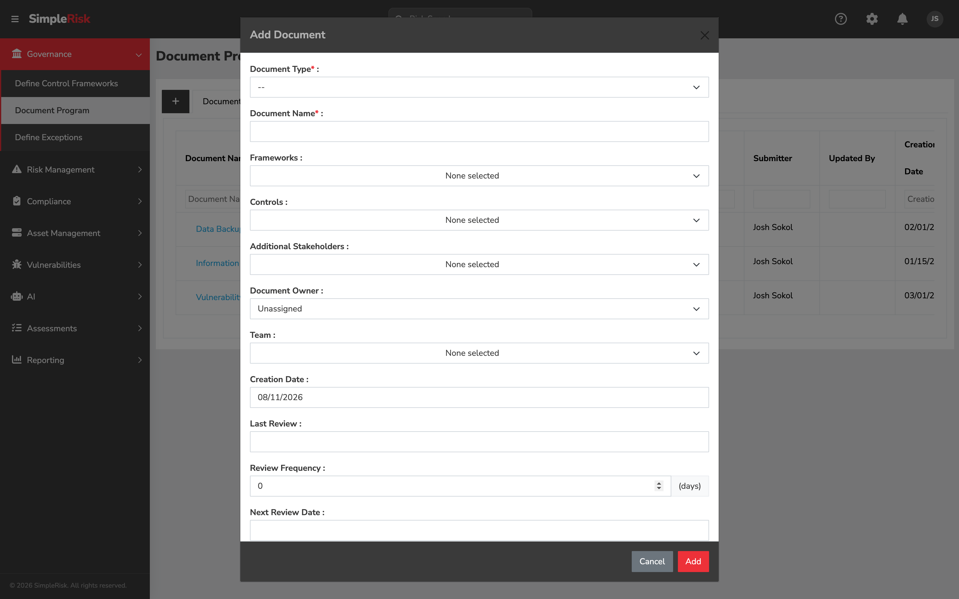 Add Document modal opened from the + icon on the Document Program page, showing Document Type, Document Name, Frameworks, Controls, Additional Stakeholders, Document Owner, Team, Creation Date, Last Review, and Review Frequency fields with Cancel and Add buttons at the bottom