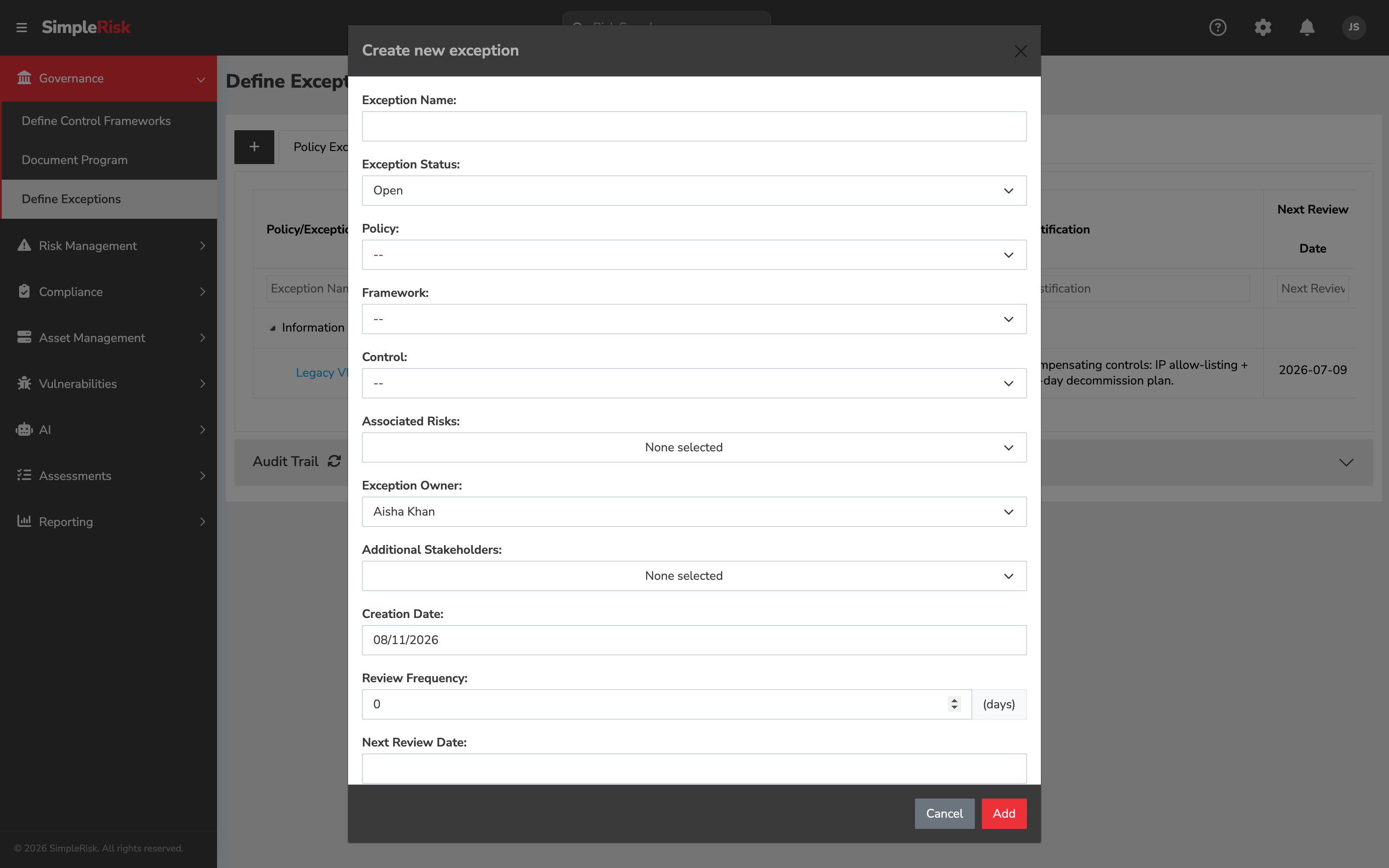 Add Exception form showing the Exception Type dropdown, Exception Name, Policy Name picker, Exception Owner, Approver, Description and Justification textareas, Review Frequency, Next Review Date, and Additional Stakeholders fields populated with example values