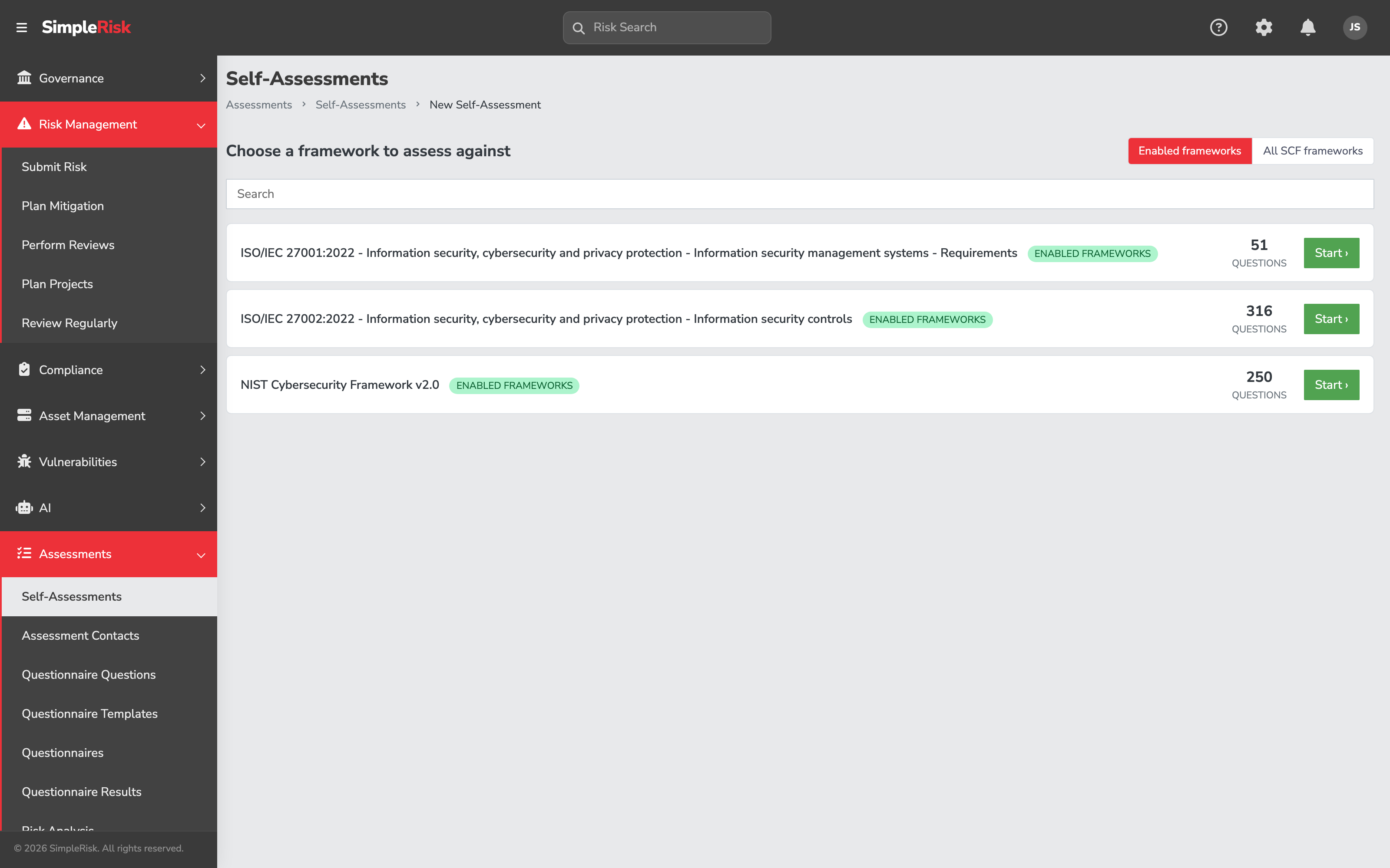 The framework picker showing a search box, the Enabled frameworks / All SCF frameworks toggle, and a scrollable list of SCF frameworks each with a question count and a Start button