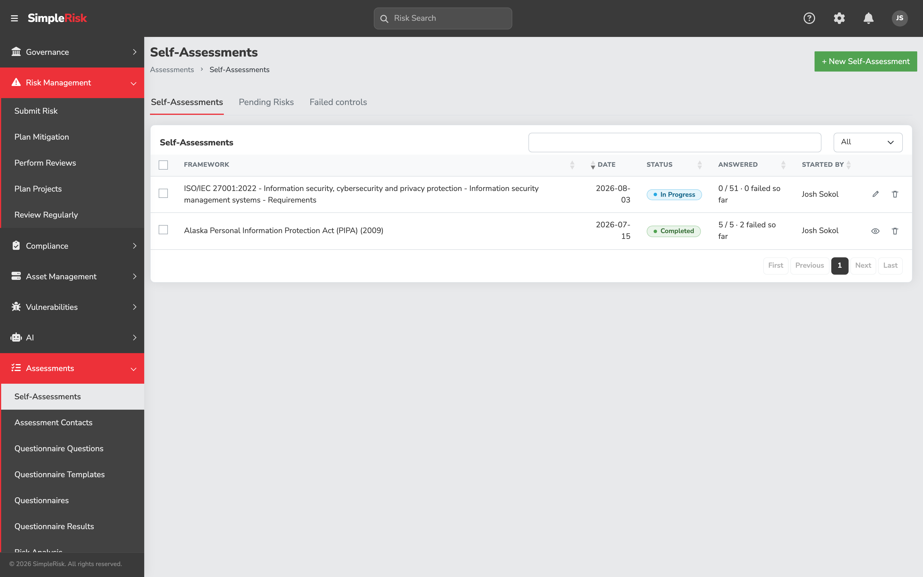 The Self-Assessments page open on the Self-Assessments tab, showing the three-tab bar, a table of past runs with framework and status columns, and a green + New Self-Assessment button at the top-right
