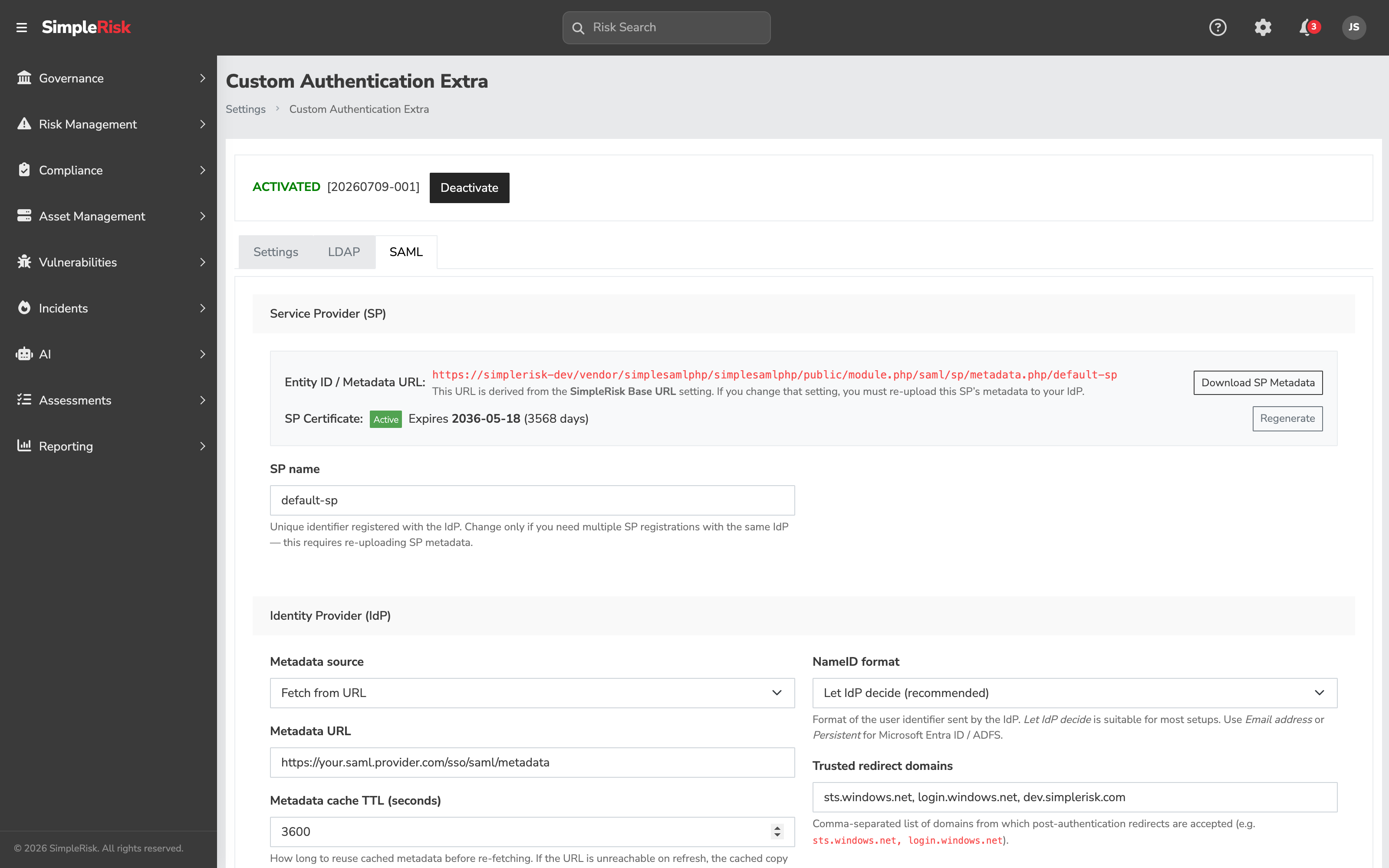 The Custom Authentication Extra management page showing the Settings, LDAP, and SAML tabs across the top, with the SAML tab selected and the Service Provider section visible below