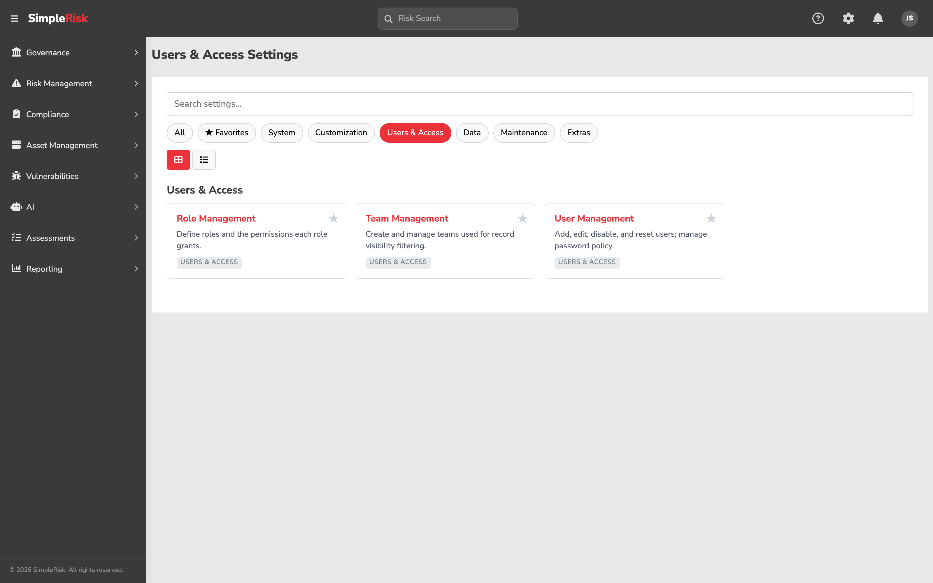 The Settings Hub showing the User Management, Team Management, and Role Management tiles under the Users & Access category, with the User Management tile highlighted