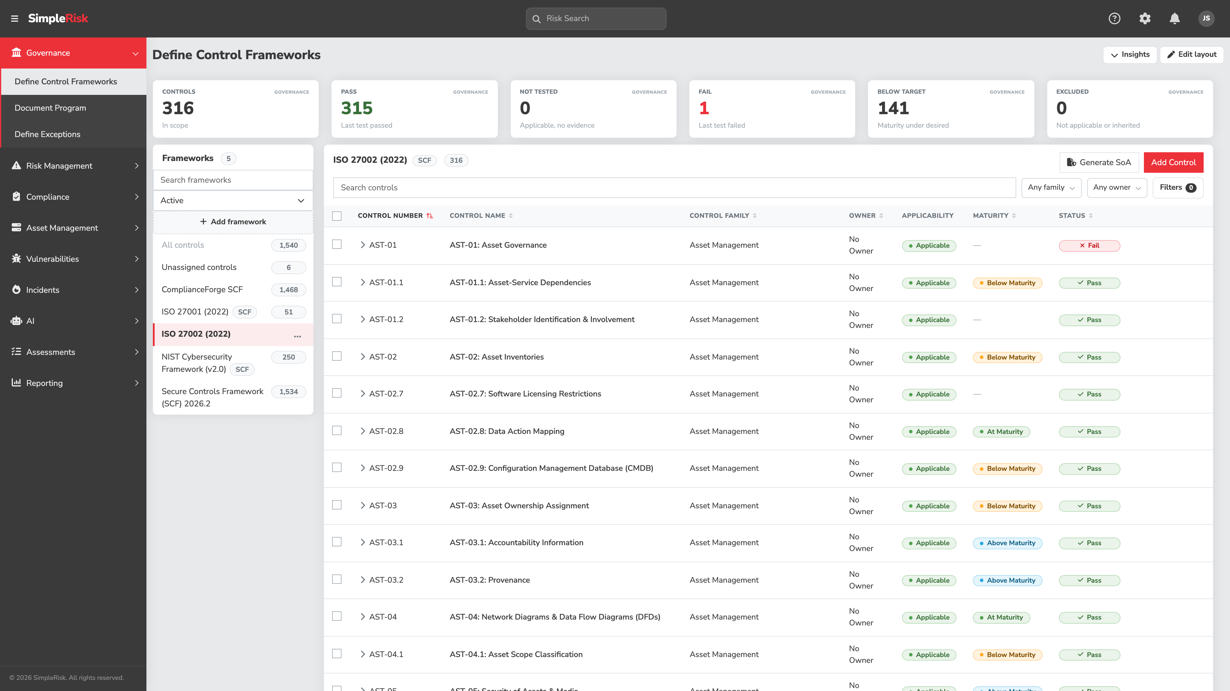 The Define Control Frameworks page with the insights band across the top showing Controls 316 in scope, Pass 315, Not Tested 0, Fail 1, Below Target 141 and Excluded 0; the framework rail down the left with its search box, Active status dropdown, dashed Add framework row, the All controls and Unassigned controls entries, and the installed frameworks each showing a control count, with ISO 27002 (2022) selected; and the controls table filling the right with Generate SoA and Add Control buttons above its Control Number, Control Name, Control Family, Owner, Applicability, Maturity and Status columns
