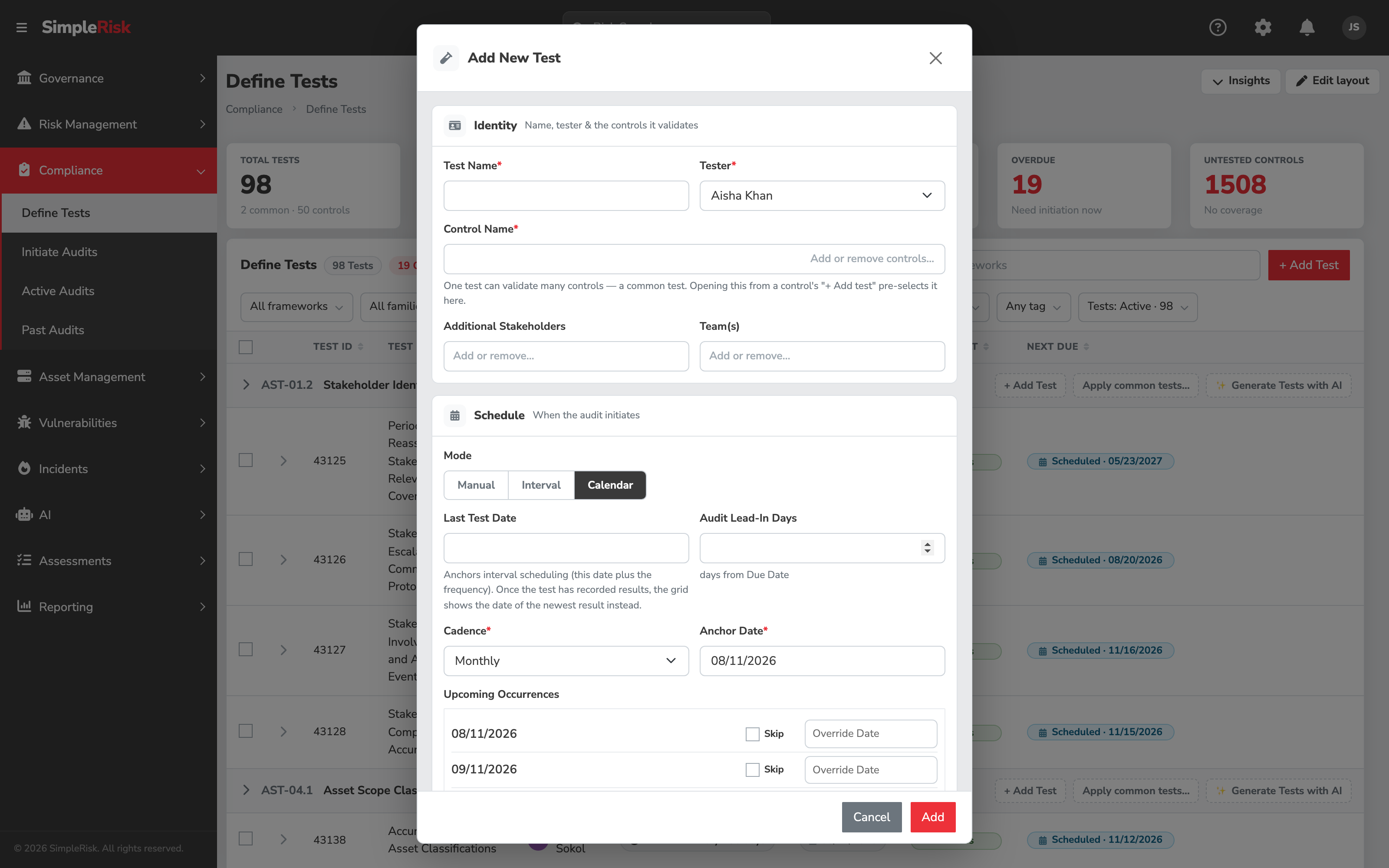 Add Test form on the Define Tests tab showing the Test Name, Control Name chips with the Add or remove controls button, Tester, Schedule mode selector set to Calendar, Cadence dropdown set to Quarterly, Anchor Date, Objective, Test Steps, and Expected Results fields populated with a quarterly access-review example