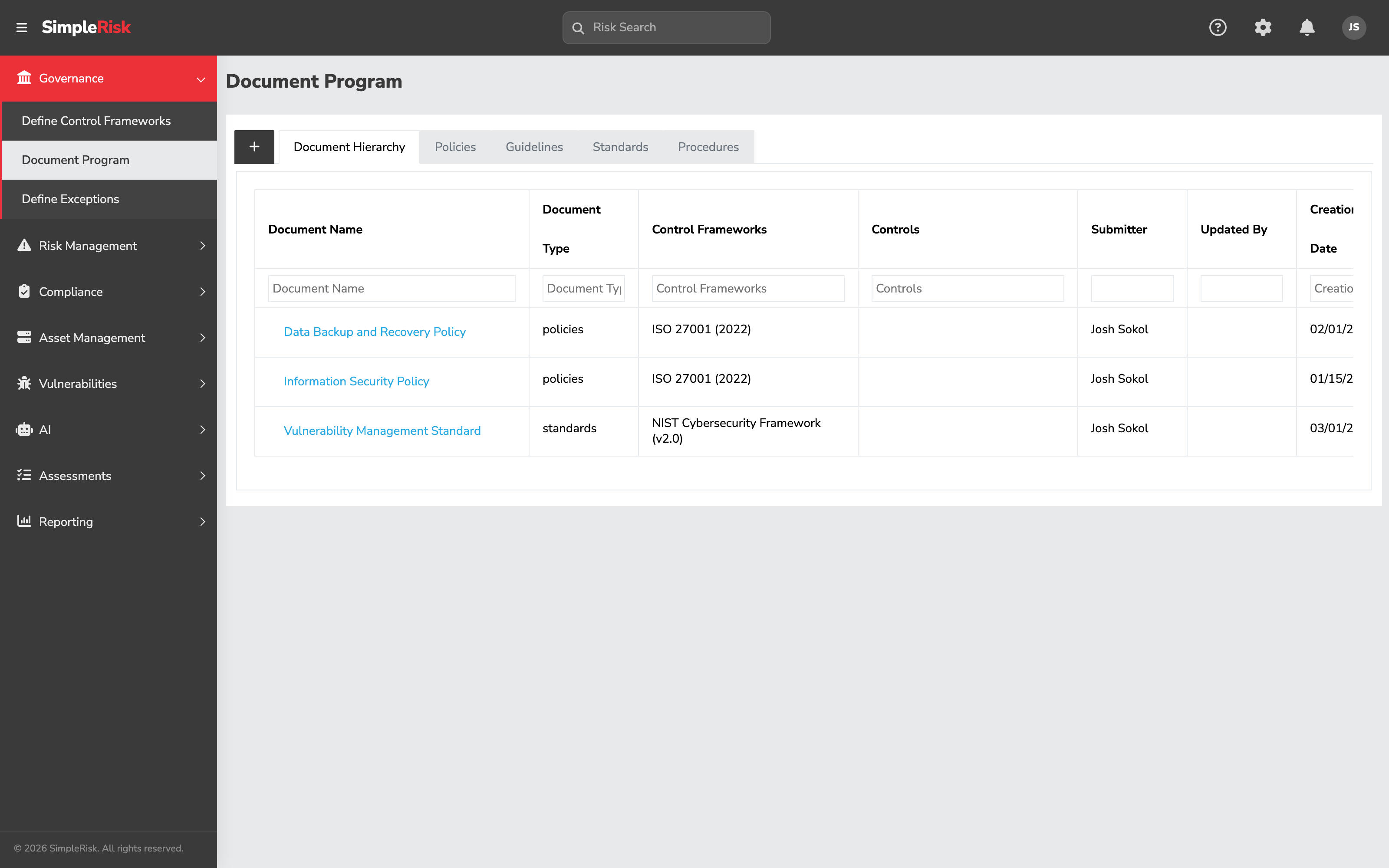Document Program page on /governance/documentation.php with the five tabs (Document Hierarchy, Policies, Guidelines, Standards, Procedures) visible across the top and the Document Hierarchy tab active