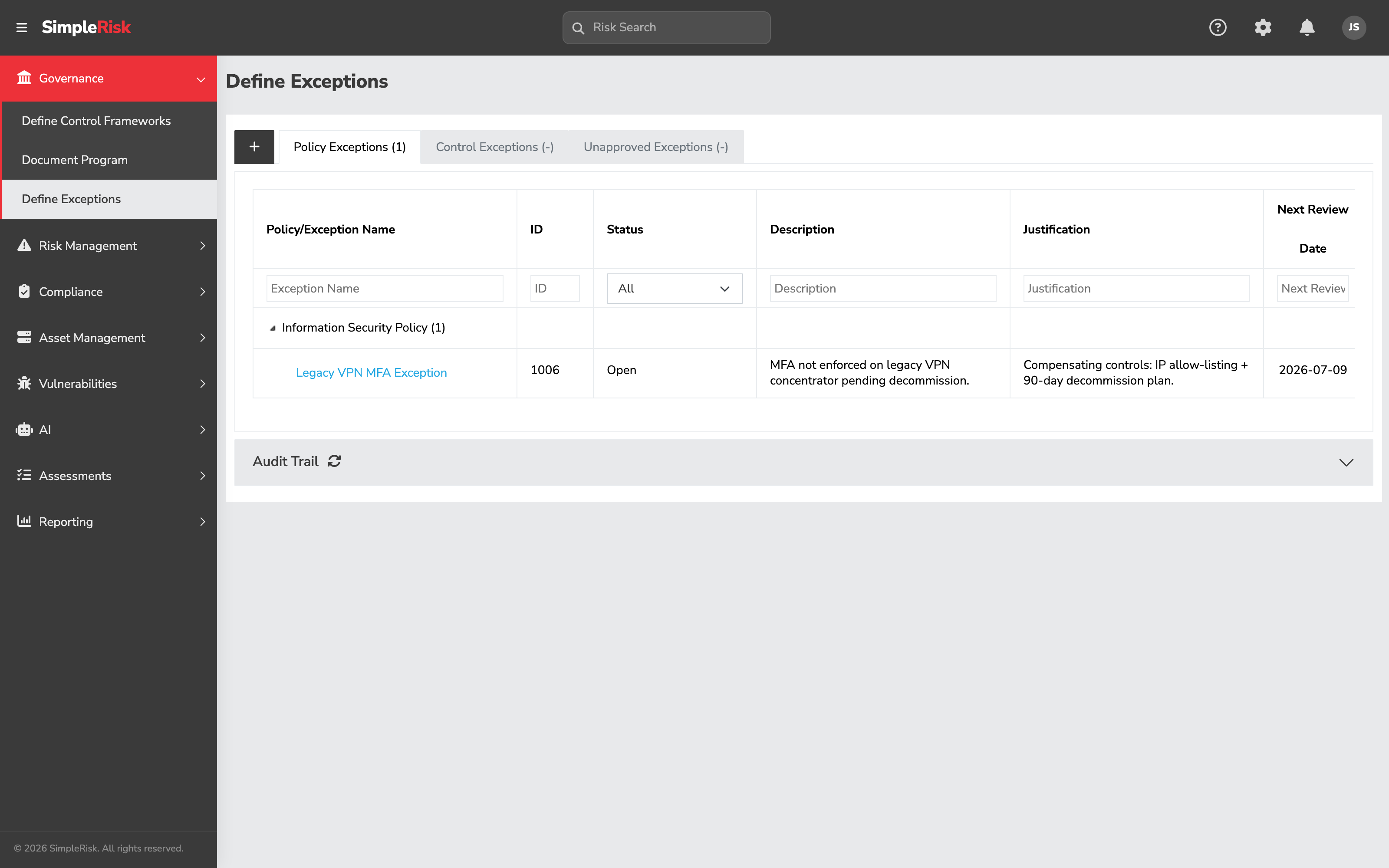 Document Exceptions page with the three tabs (Policy Exceptions, Control Exceptions, Unapproved Exceptions) visible across the top and the Unapproved Exceptions tab active showing a list of exceptions awaiting approval