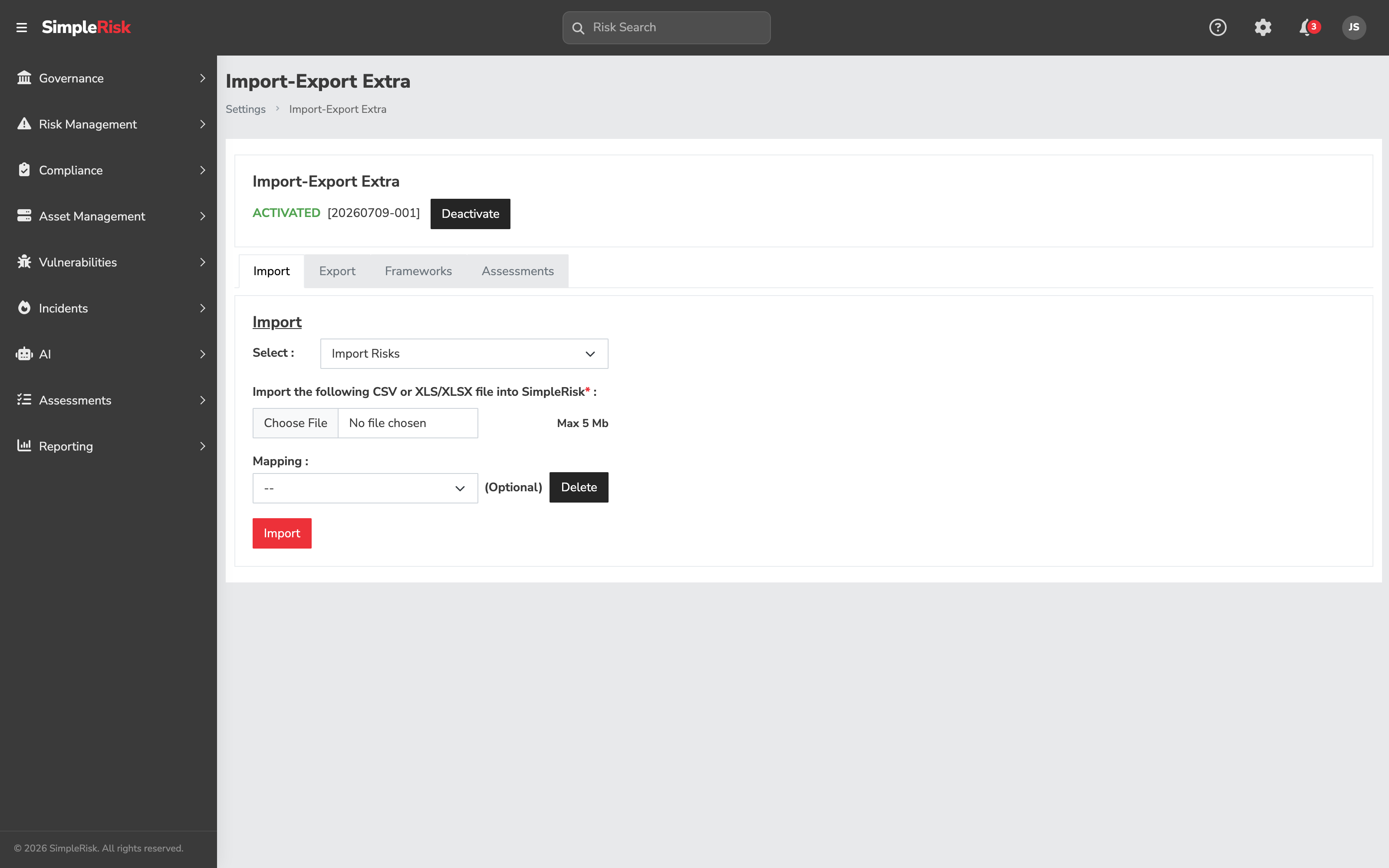 The Import tab of the Import-Export Extra reached from + Add framework, with the type selector already on Import Controls and the control-import file field and Import button visible