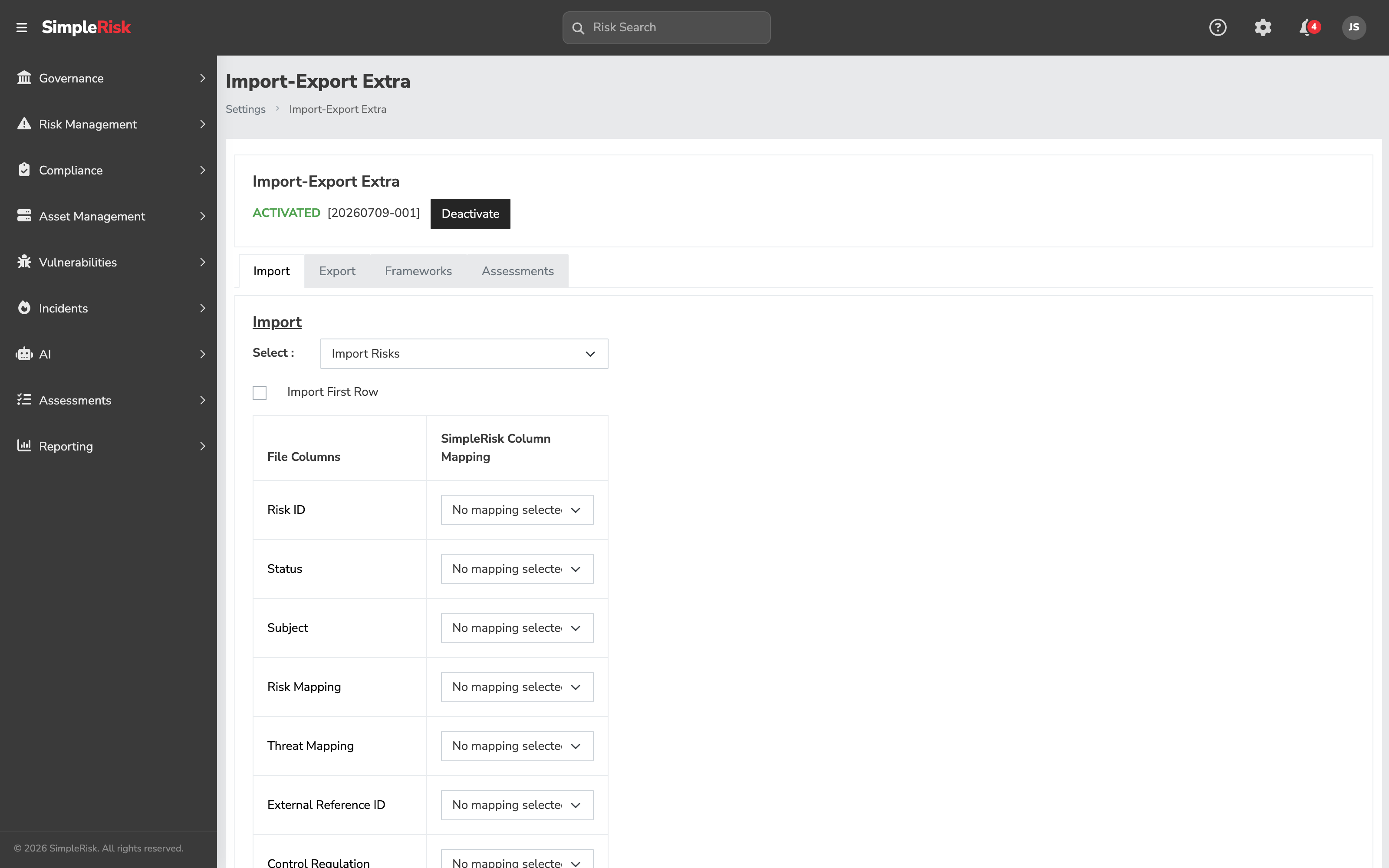 The Import tab after a file is uploaded, showing the Import First Row checkbox above a two-column mapping table: File Columns on the left listing the spreadsheet's headers (Risk ID, Status, Subject, Risk Mapping, Threat Mapping, External Reference ID, Control Regulation) and a SimpleRisk Column Mapping dropdown for each on the right