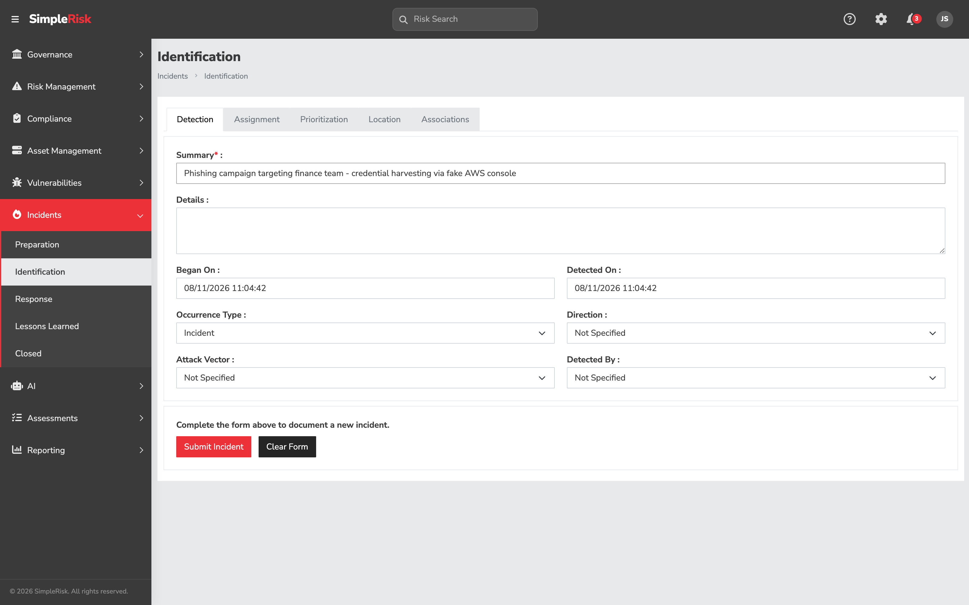 The Identification page open on the Detection tab, showing the five tabs (Detection, Assignment, Prioritization, Location, Associations) across the top, the Summary and Details fields, the Began On and Detected On date pickers pre-filled with the current date and time, the Occurrence Type, Direction, Attack Vector and Detected By dropdowns, and the Submit Incident and Clear Form buttons