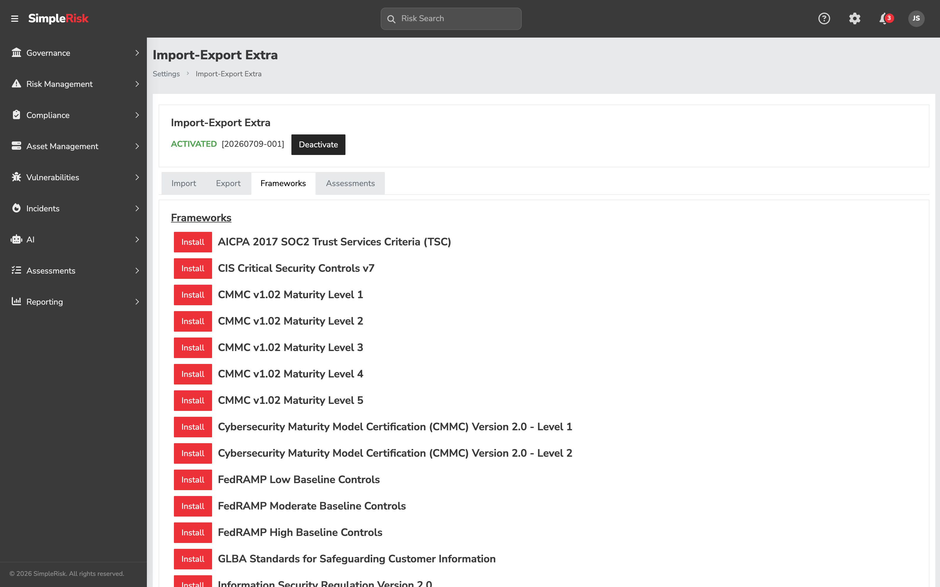 The Frameworks tab of the Import-Export Extra at /admin/importexport.php, showing the list of frameworks available from the SimpleRisk content repository with one selected and the Install button visible