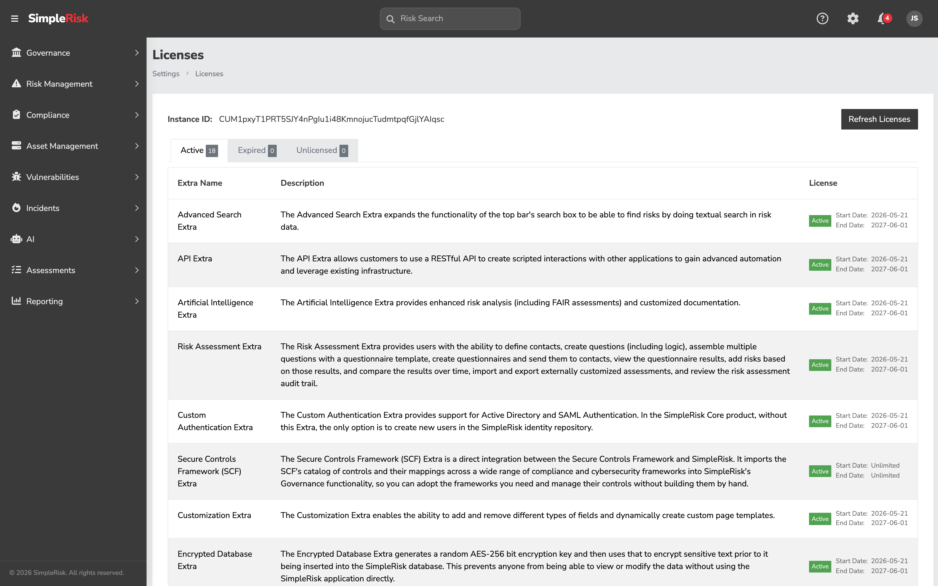 The Licenses page showing the Instance ID and the Refresh Licenses button at the top, the Active / Expired / Unlicensed tabs with their counts, and a table of Extras with descriptions, Active badges, and licence start and end dates