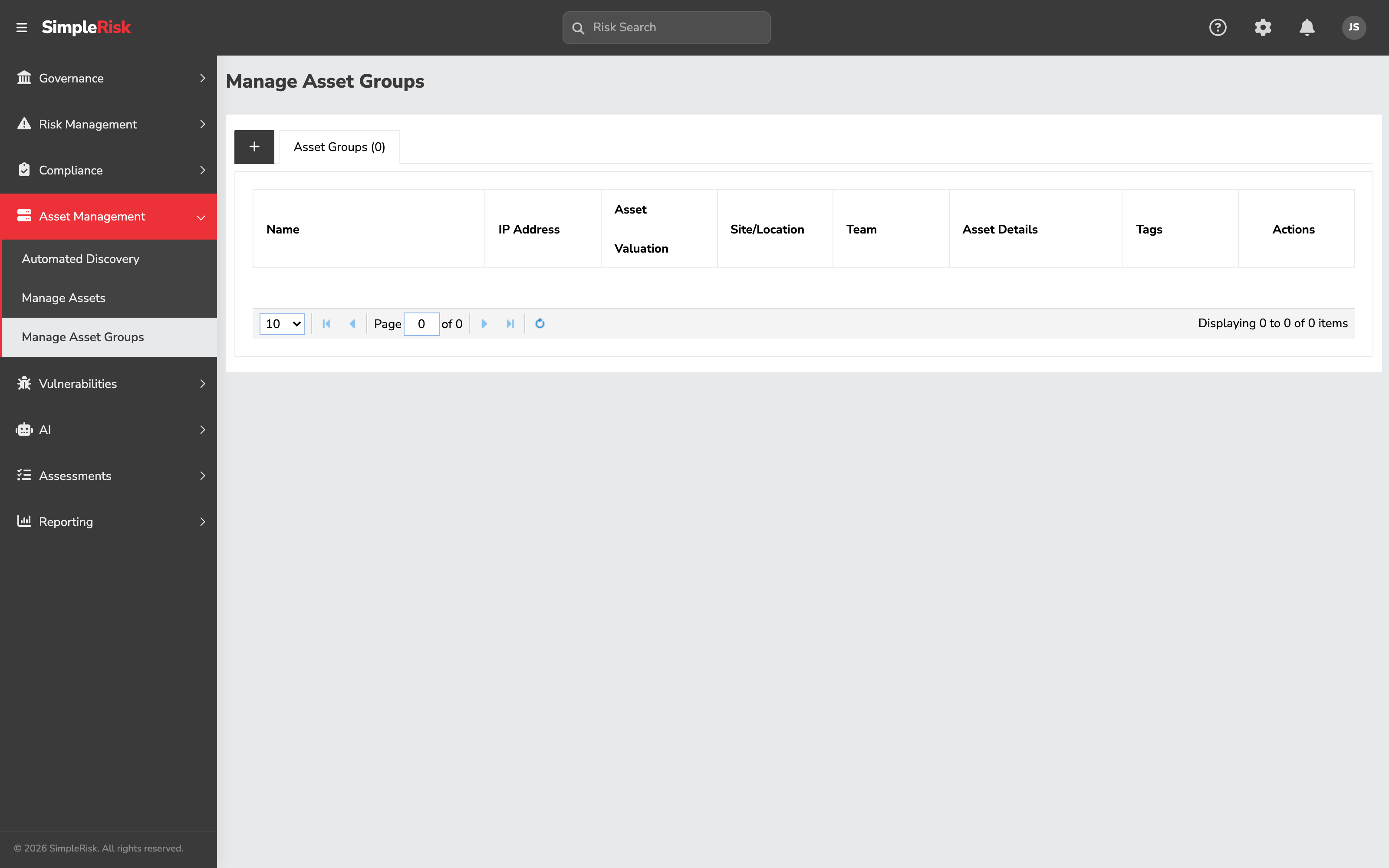Manage Asset Groups page on /assets/manage_asset_groups.php showing the asset-group form with the Asset Group Name field, Available Assets column on the left and Selected Assets column on the right