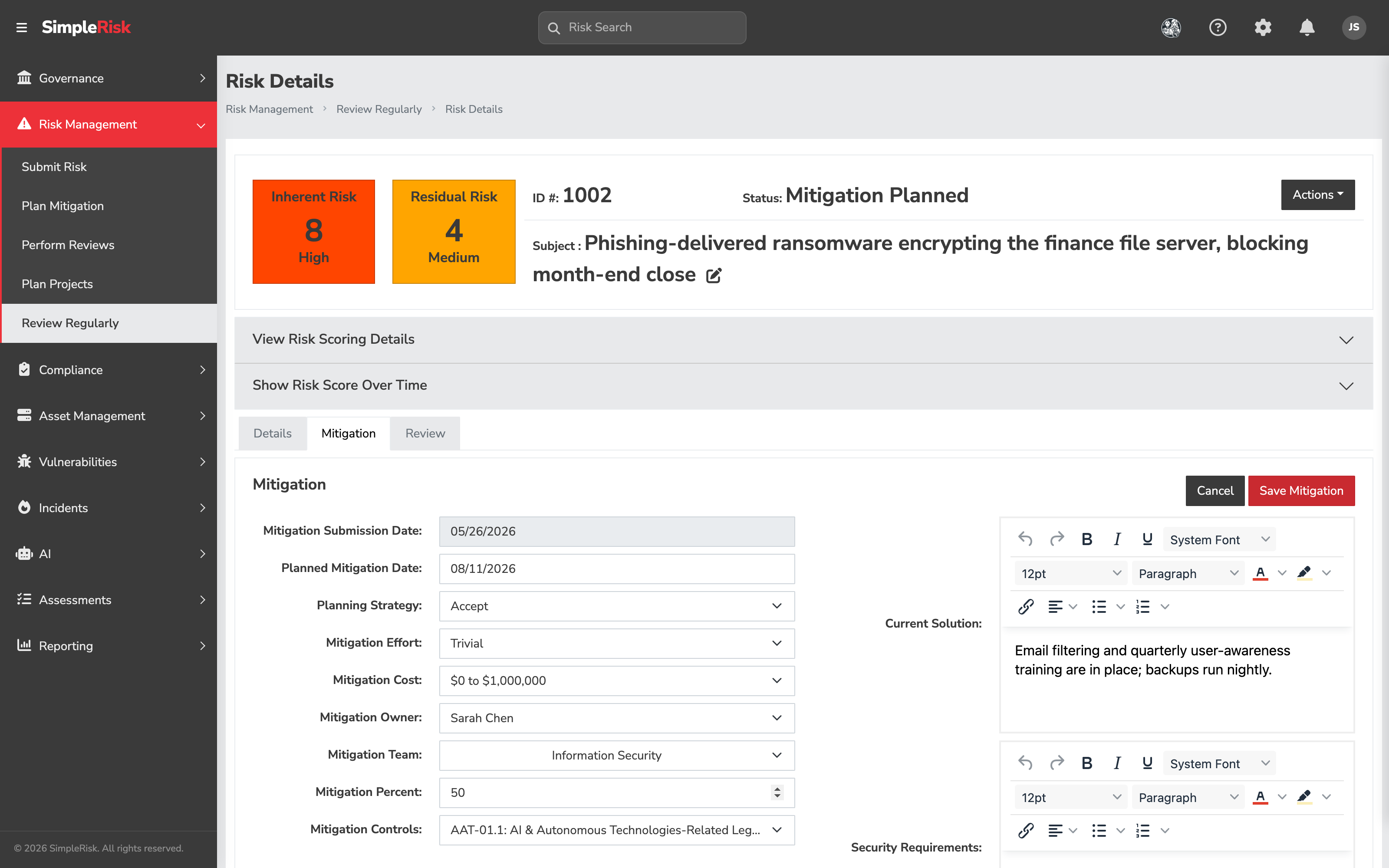 The Mitigation tab in edit mode, showing the read-only Mitigation Submission Date and then Planned Mitigation Date, Planning Strategy, Mitigation Effort, Mitigation Cost, Mitigation Owner, Mitigation Team, Mitigation Percent and Mitigation Controls down the left, the Current Solution and Security Requirements rich-text editors on the right, and Cancel / Save Mitigation at the top right