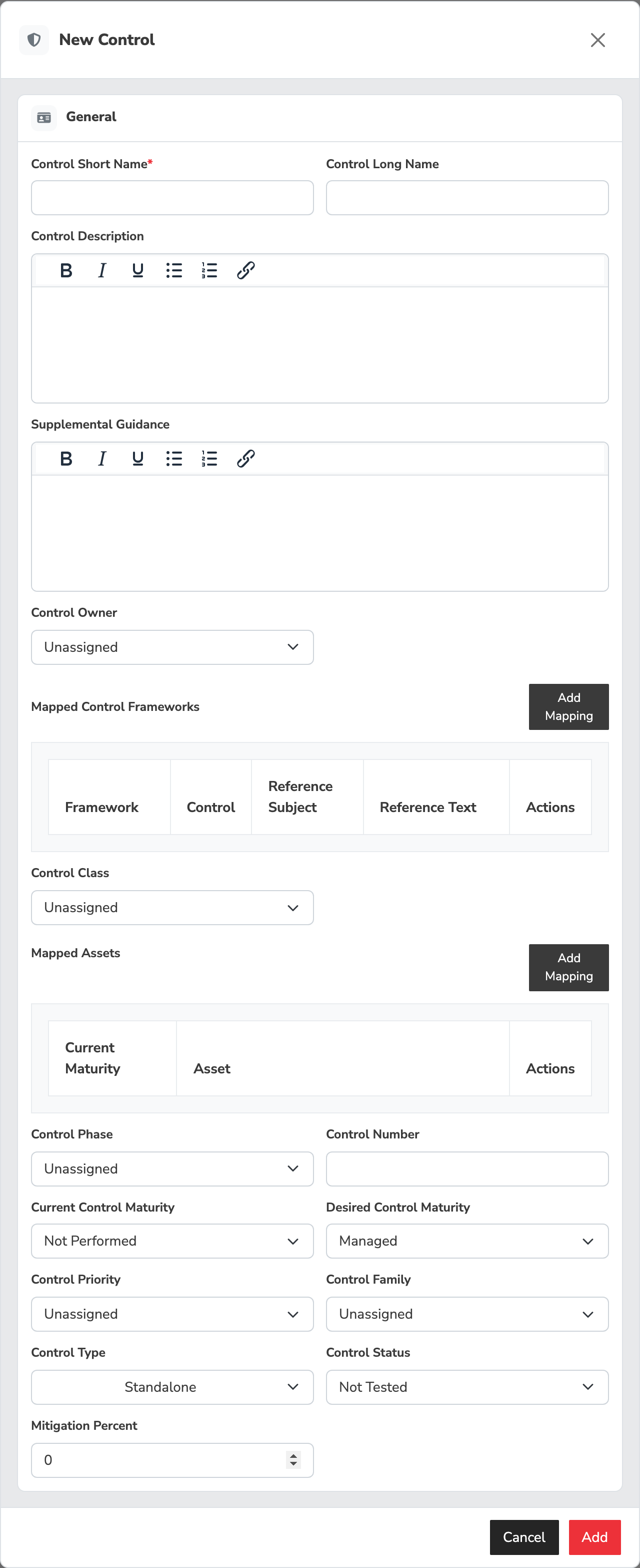 The New Control modal showing the whole form: Control Short Name carrying the only required-field asterisk, Control Long Name beside it, the Control Description and Supplemental Guidance rich-text editors, the Control Owner picker set to Unassigned, the Mapped Control Frameworks and Mapped Assets tables each with an Add Mapping button, and then Control Class, Control Phase, Control Number, Current Control Maturity at Not Performed beside Desired Control Maturity at Managed, Control Priority, Control Family, Control Type at Standalone, Control Status at Not Tested, and Mitigation Percent at 0