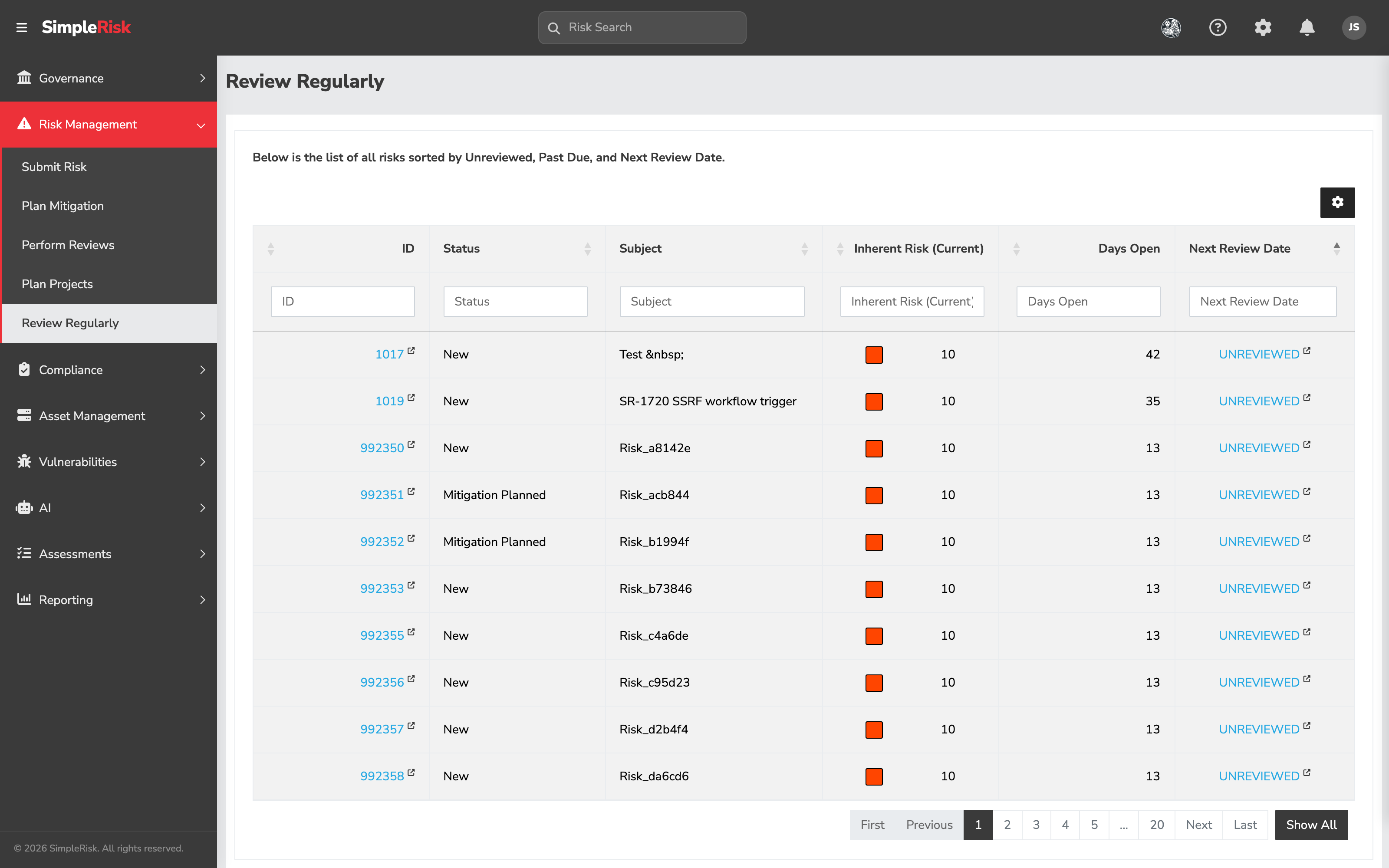 Perform Reviews datatable showing risks awaiting first review, with columns for ID, Subject, Risk Level, Calculated Risk, Submitted Date, and Submitted By