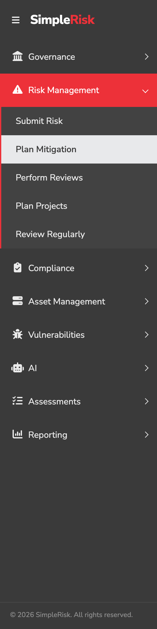 Sidebar with Risk Management expanded and Plan Mitigation highlighted as a sub-item