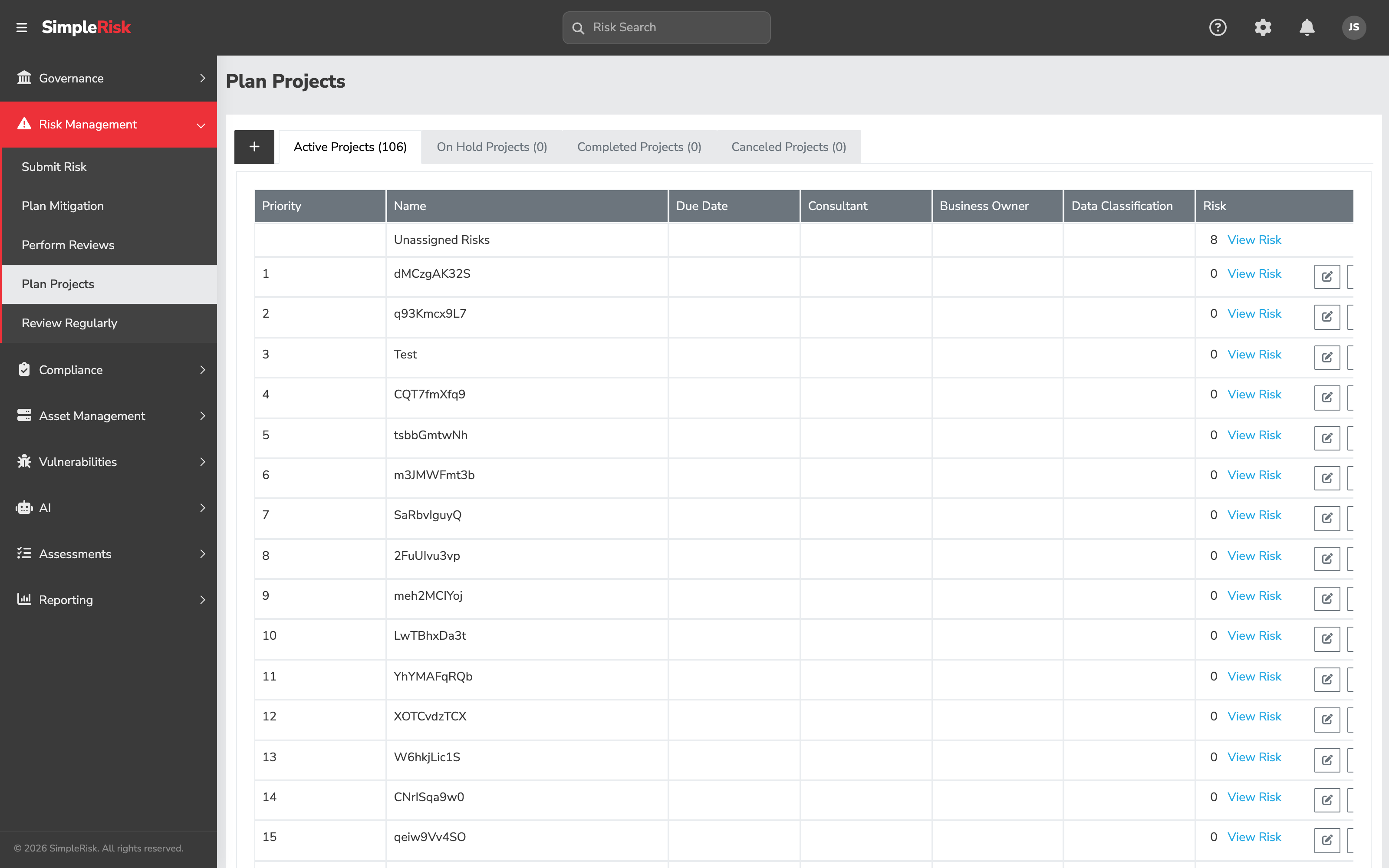 Prioritize Planning page on /management/prioritize_planning.php with the four status tabs (Active Projects, On Hold Projects, Completed Projects, Canceled Projects) visible across the top and the Active Projects tab active showing several project containers each holding a draggable list of risks