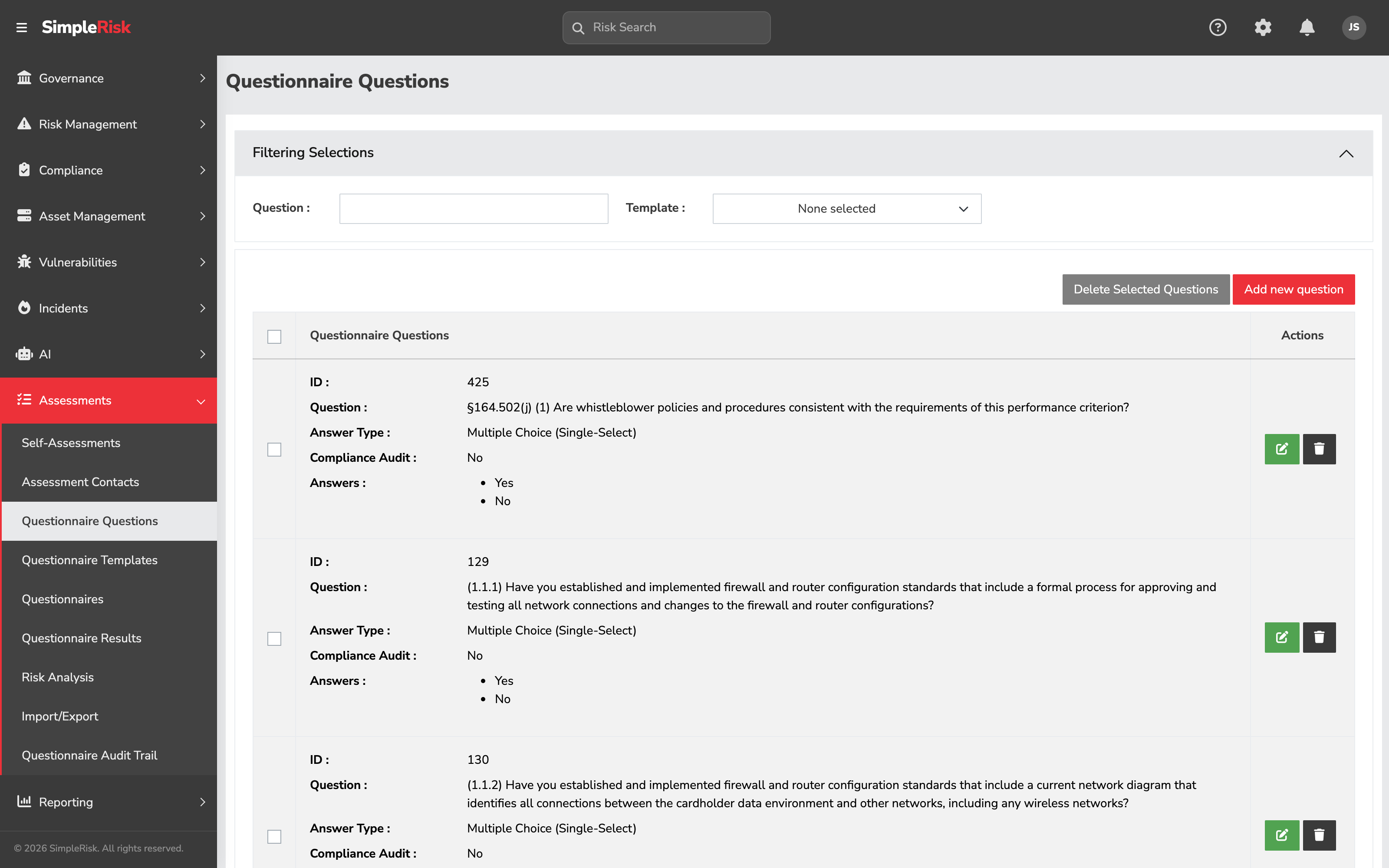 Question editor on a Questionnaire Template, showing the Question text input, the Answer type options, the File Attachment checkbox, and the Mapped Controls section with one or more framework controls listed