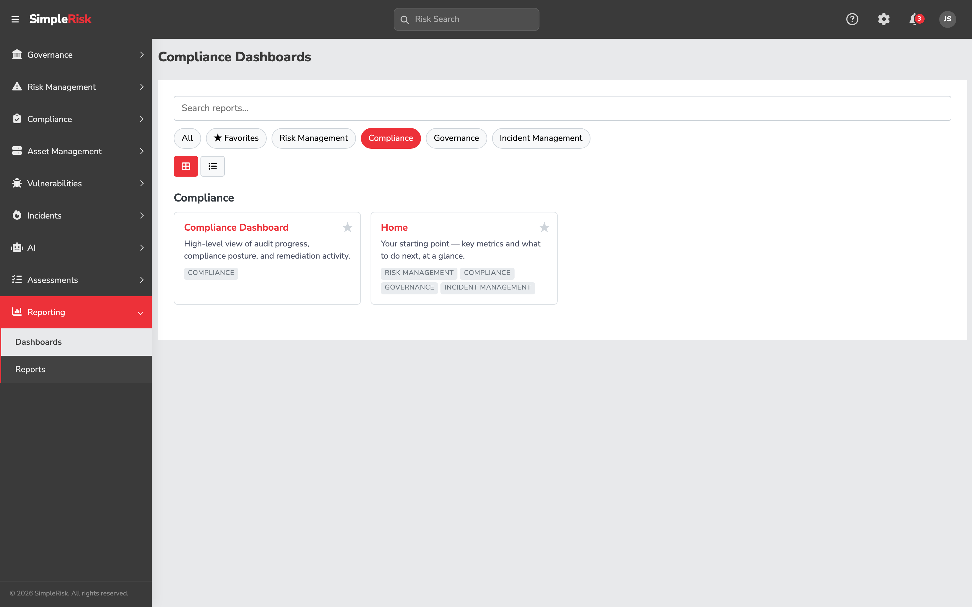 Reports Hub with the Compliance category filter active, showing the Compliance Dashboard tile alongside the compliance report tiles