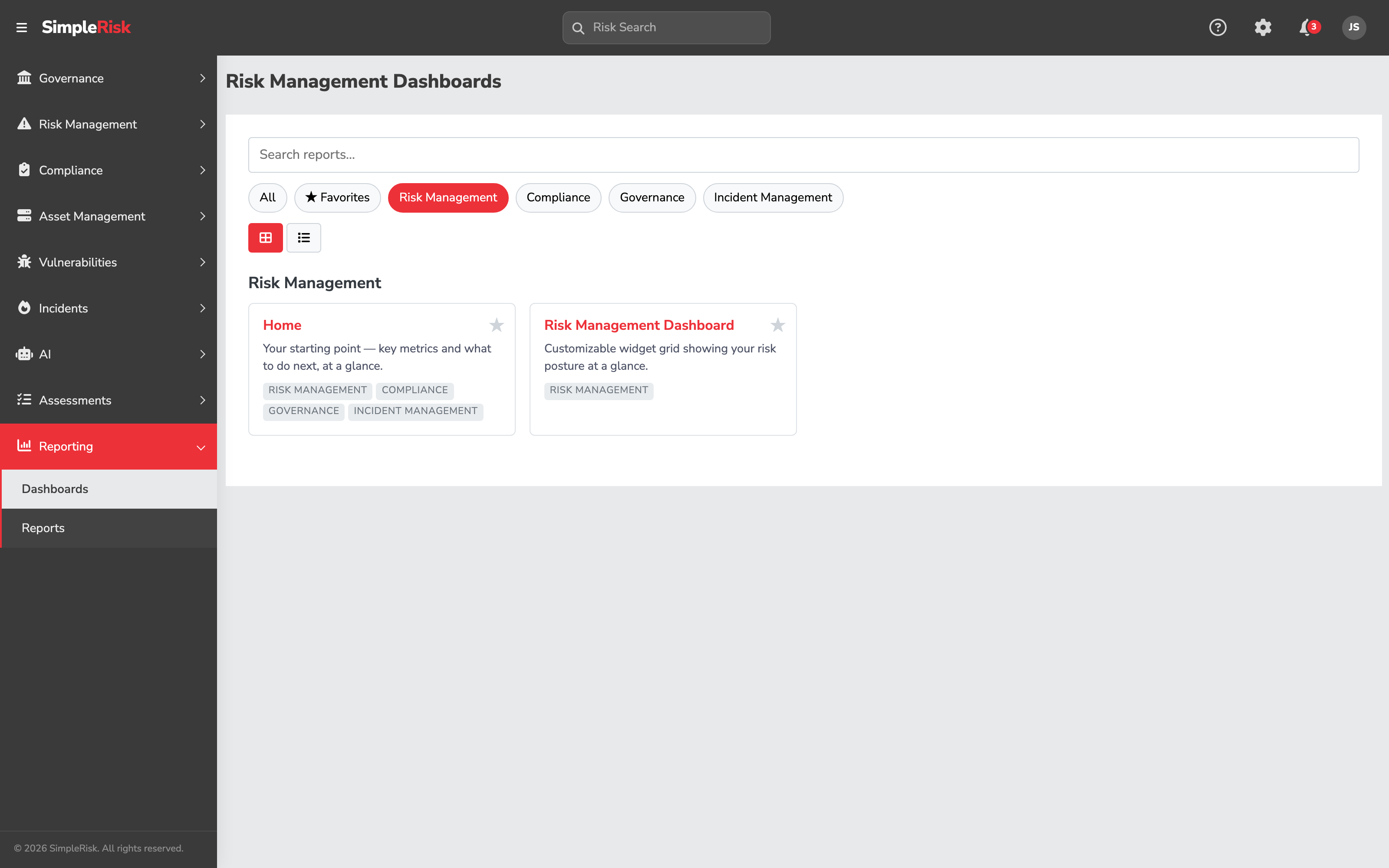 Reports Hub at /reports/dashboards.php with the Risk Management category filter active, showing the Risk Management Dashboard tile alongside the report tiles