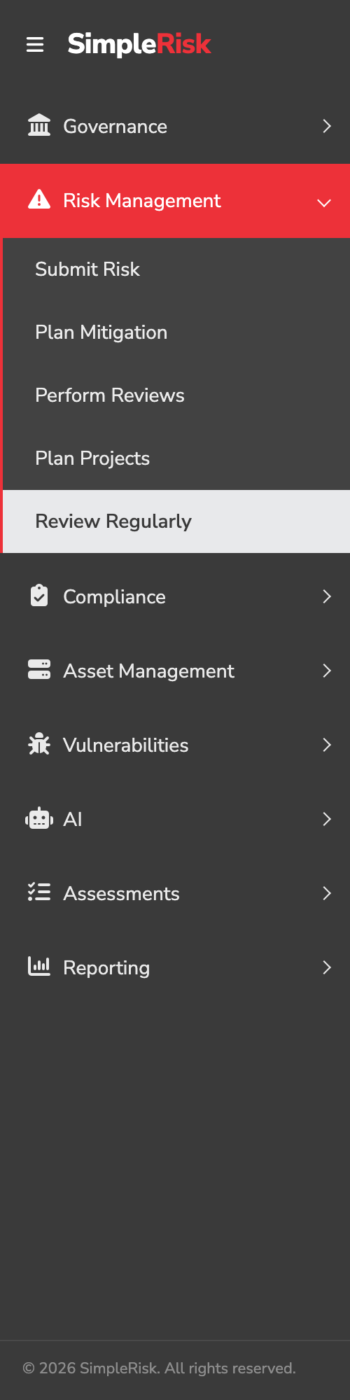 Sidebar with Risk Management expanded, showing the Perform Reviews and Review Regularly entries highlighted as separate menu items