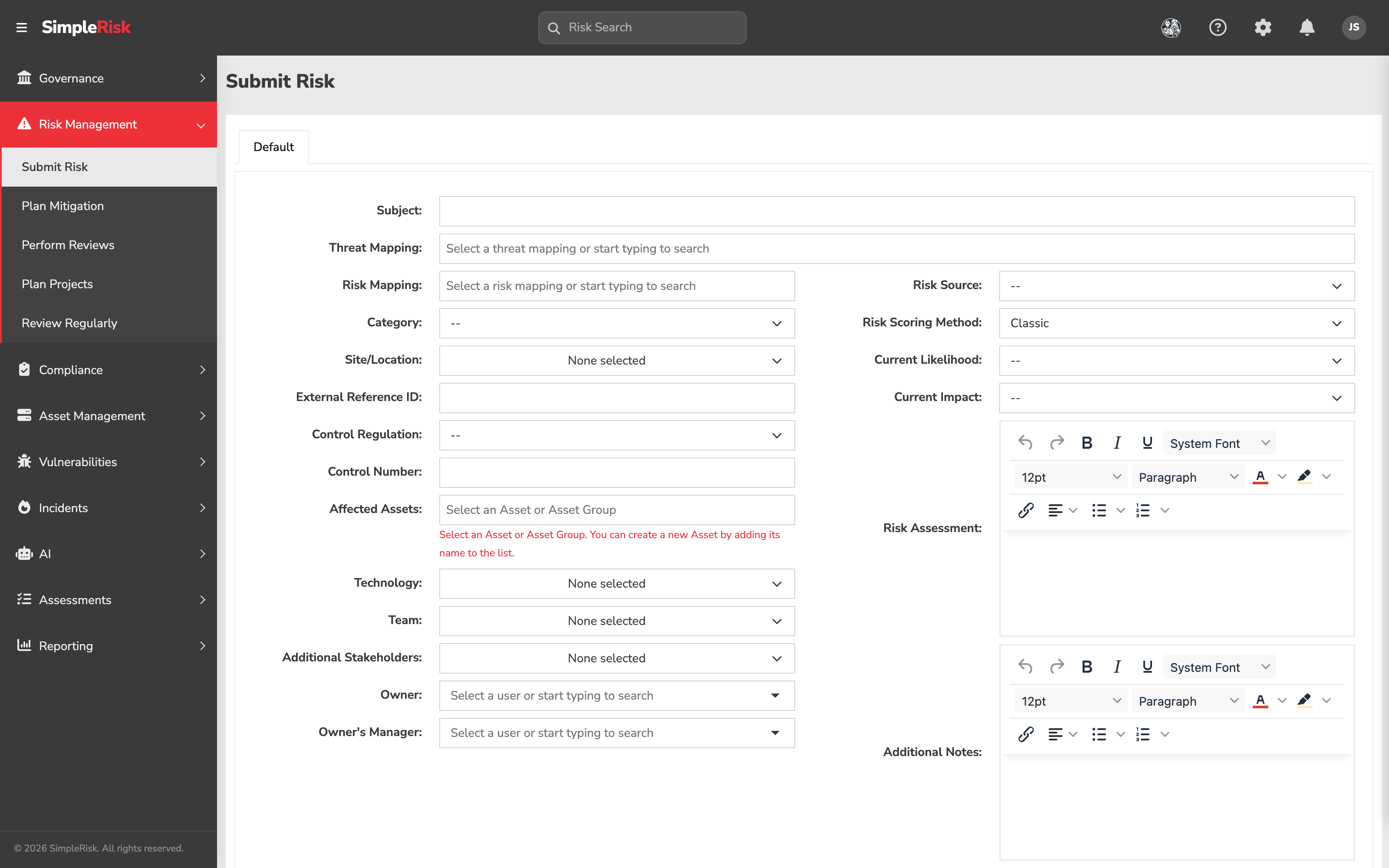 Affected Assets field on the Submit Risk form, expanded to show the multi-select dropdown with both individual asset names and asset group names listed, with a search filter applied