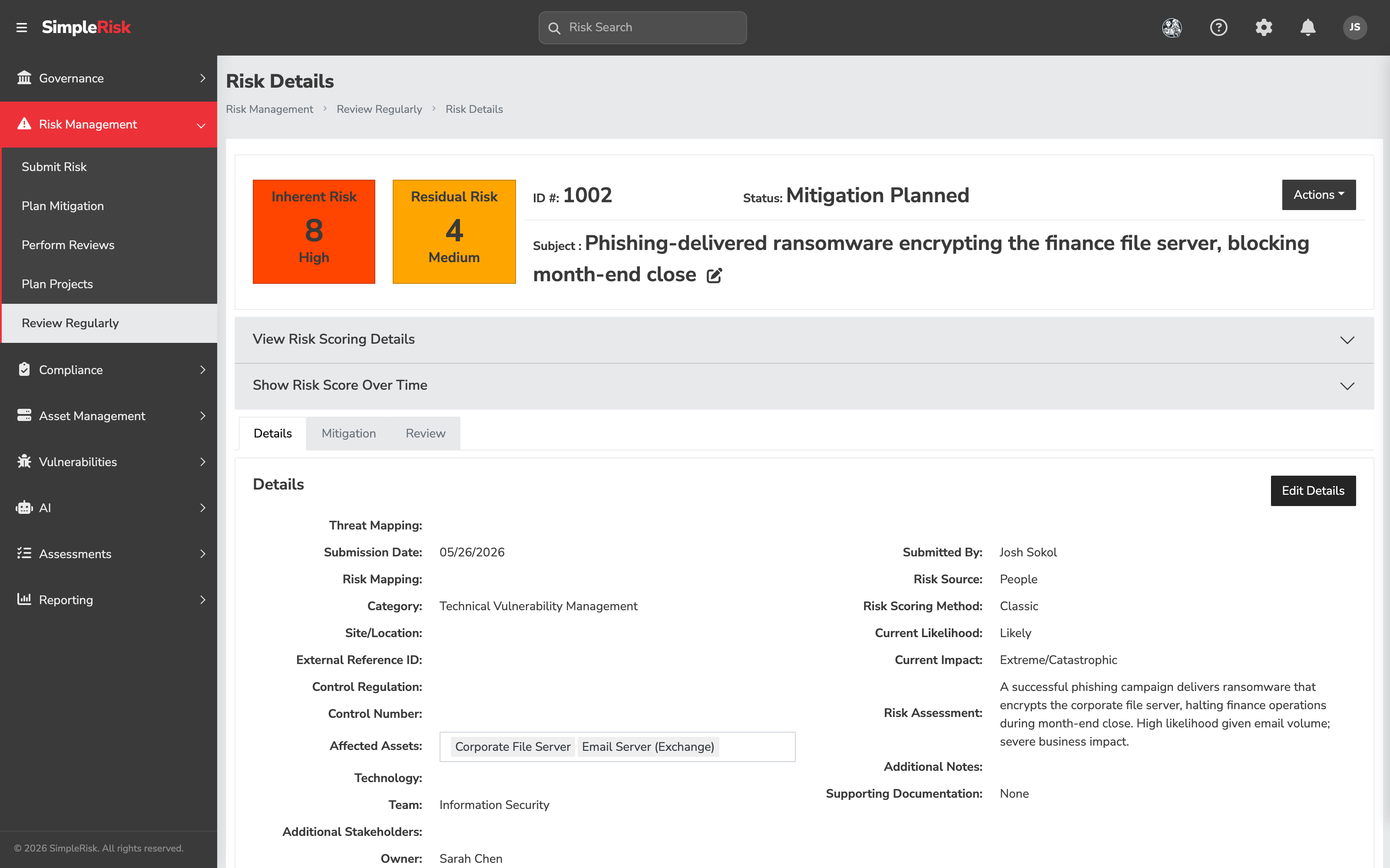 Risk detail view showing the header card with Inherent Risk and Residual Risk score chips, the ID, Status and Subject, the Actions menu, the View Risk Scoring Details and Show Risk Score Over Time panels, and the Details / Mitigation / Review tab bar with Details selected