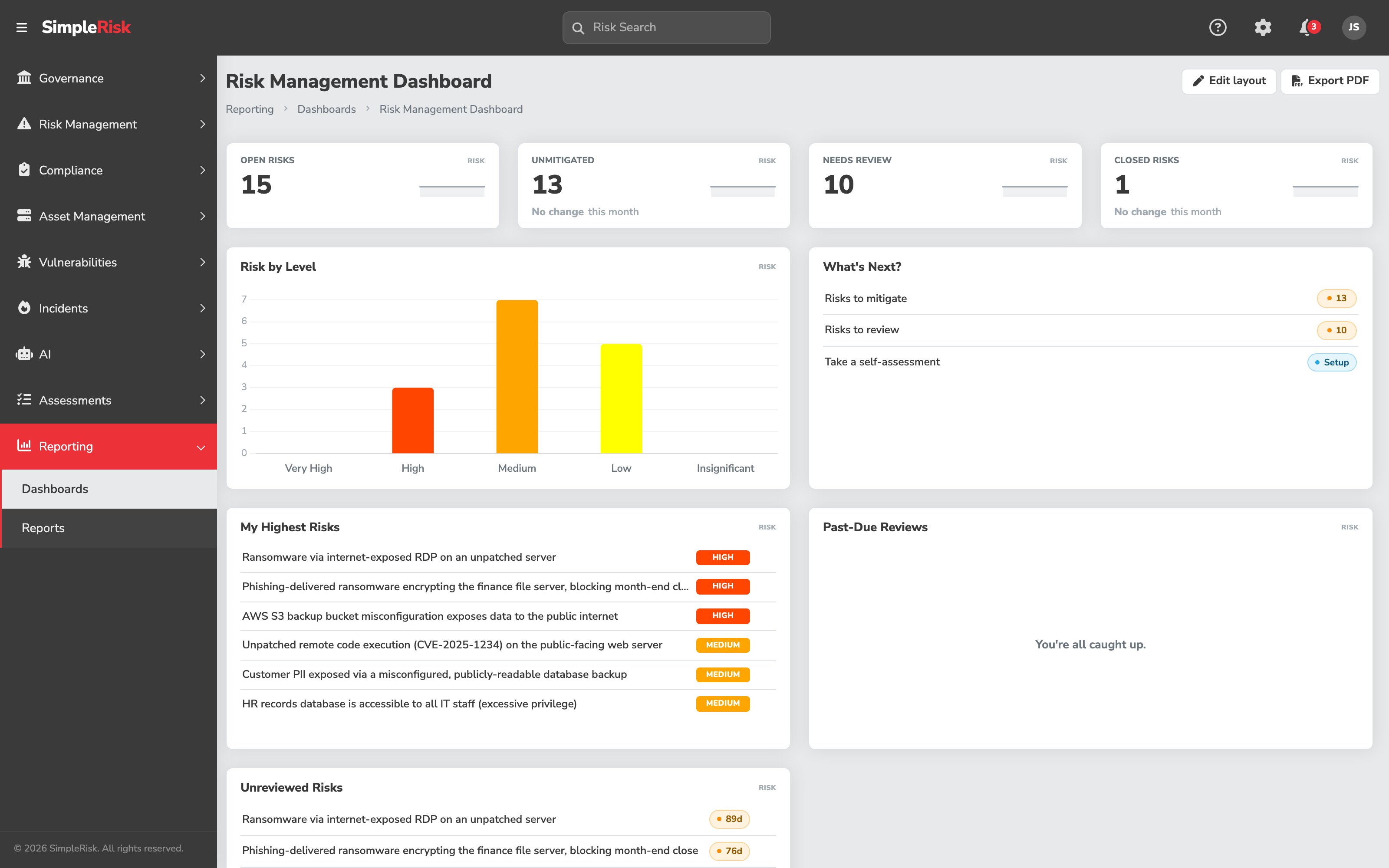 Risk Management Dashboard showing the four default widgets — Open vs Closed donut top-left, Mitigation Planned vs Unplanned donut top-center, Reviewed vs Unreviewed donut top-right, and Risks by Month table along the full-width bottom row