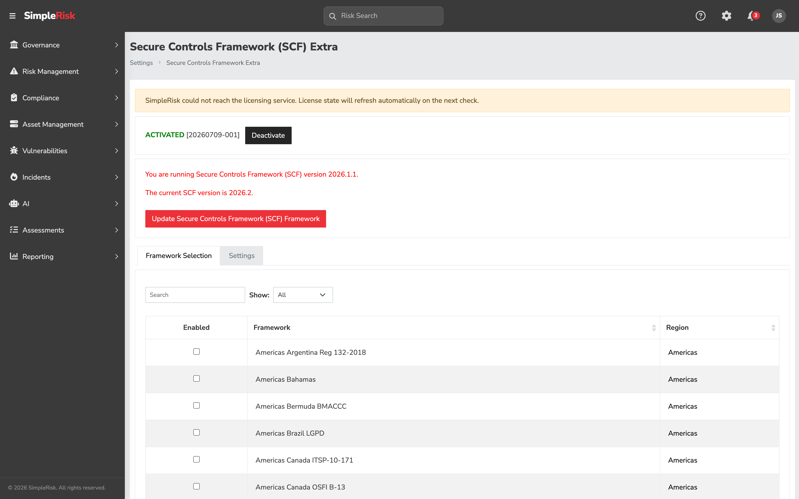 The Secure Controls Framework (SCF) Extra page showing its activation state and version, the installed SCF version against the current one, the Update Secure Controls Framework button, and the Framework Selection list below