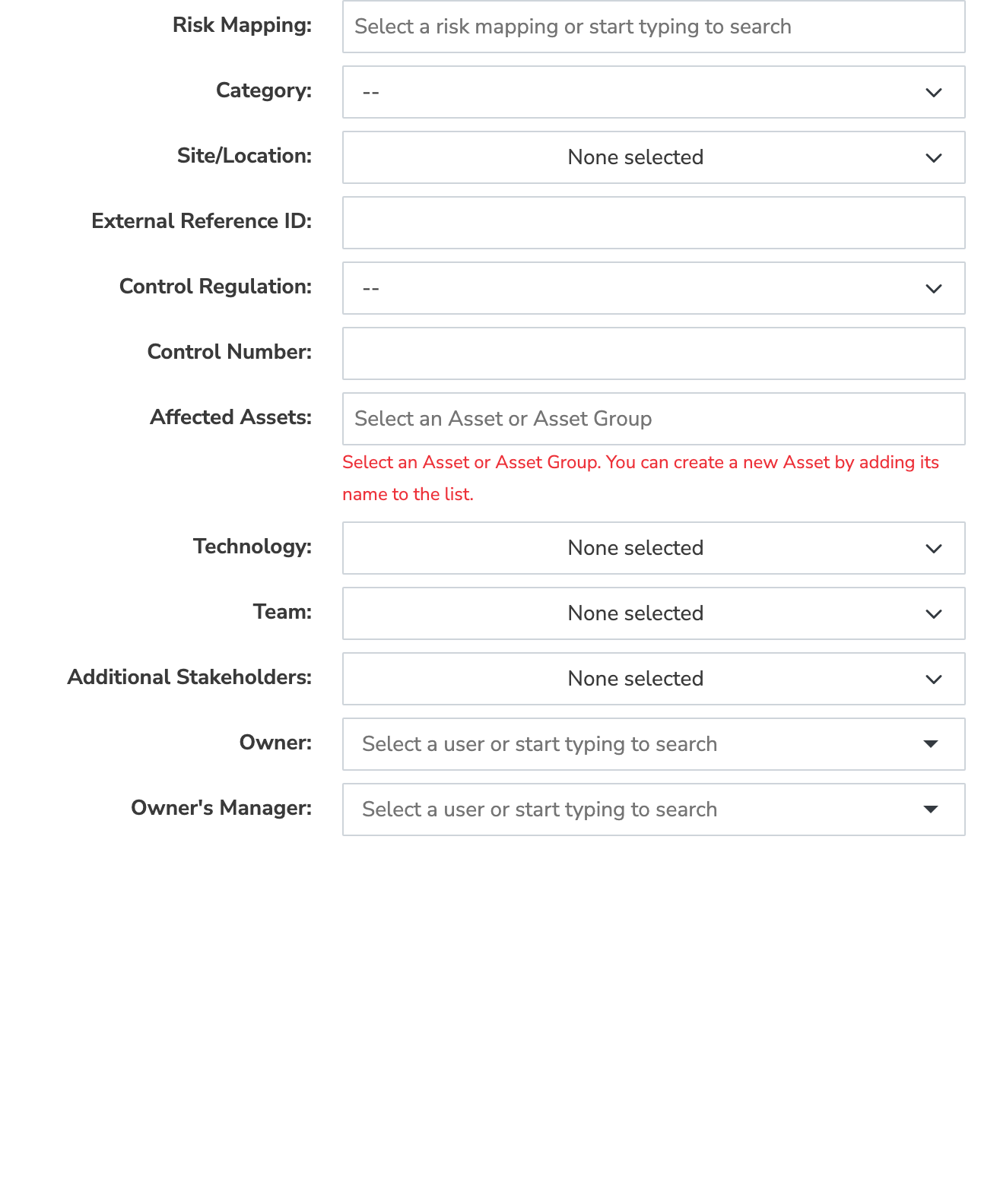 Left column of the Submit Risk form showing Category, Site/Location, External Reference ID, Control Regulation, Control Number, Affected Assets (with its search-and-select widget), Technology, Team, Additional Stakeholders, Owner, and Owner's Manager fields stacked vertically