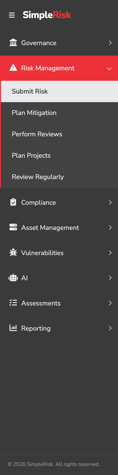 Sidebar with Risk Management expanded and Submit Risk highlighted as the first sub-item under it