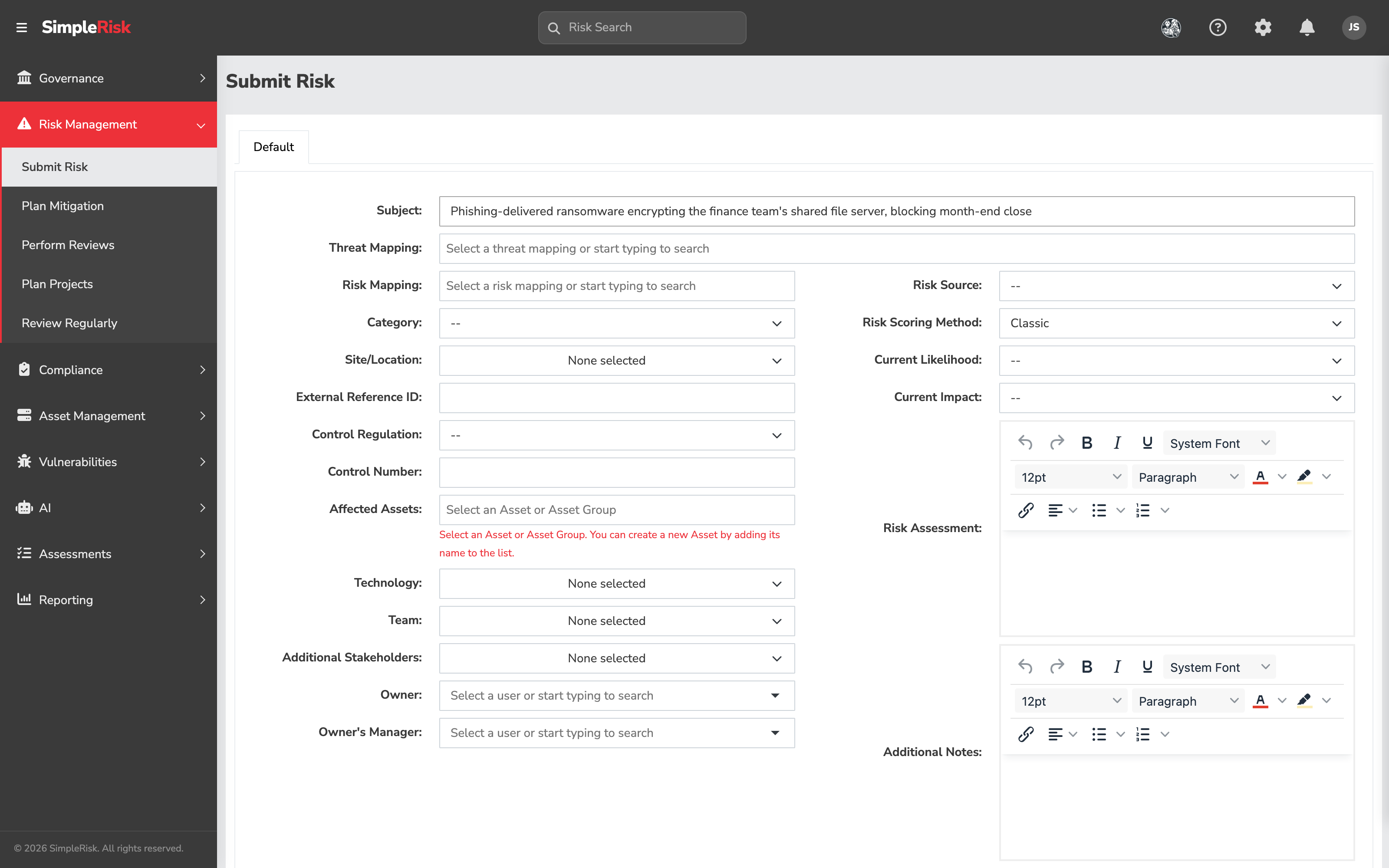 Top of the Submit Risk form showing the Subject field with a specific scenario typed in, with the Threat Mapping and Risk Mapping search-and-select widgets visible underneath