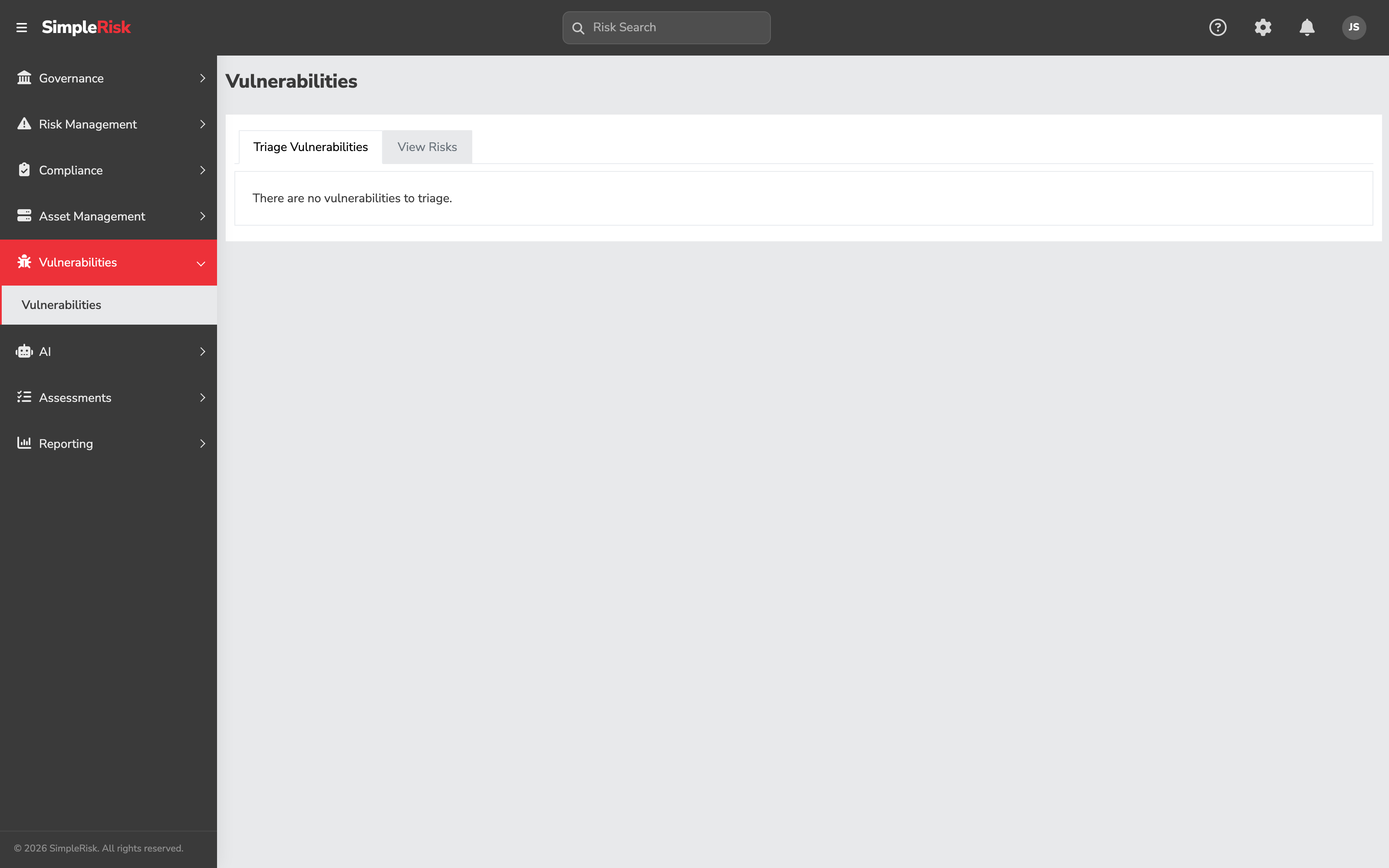 Triage Vulnerabilities page on /vulnerabilities/index.php showing the deduplicated queue with columns for Title, CVSS Score, Source, Asset Count, and the Approve/Reject bulk action buttons at the top
